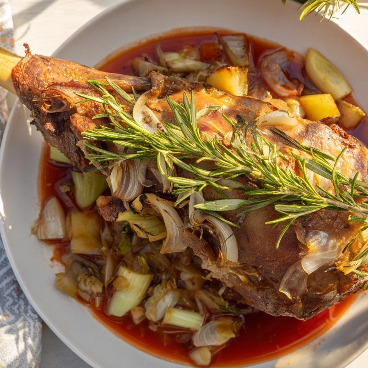 Tender Slow-Roasted Lamb Shanks, glistening and fall-off-the-bone, served with rich, savory sauce.