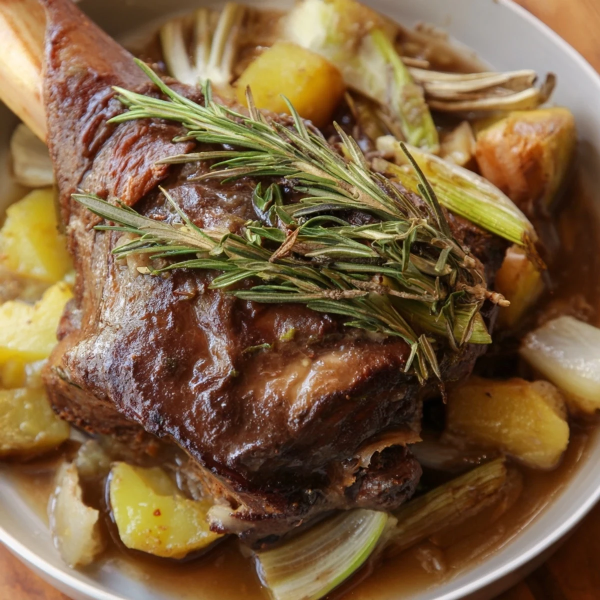 Imagine the aroma! Juicy Slow-Roasted Lamb Shanks, surrounded by tender vegetables, ready for dinner.