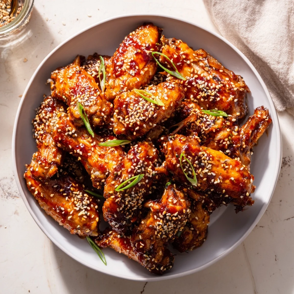 Golden, crispy Crispy Honey-Chili Glazed Chicken Wings glistening with a sweet and spicy glaze.