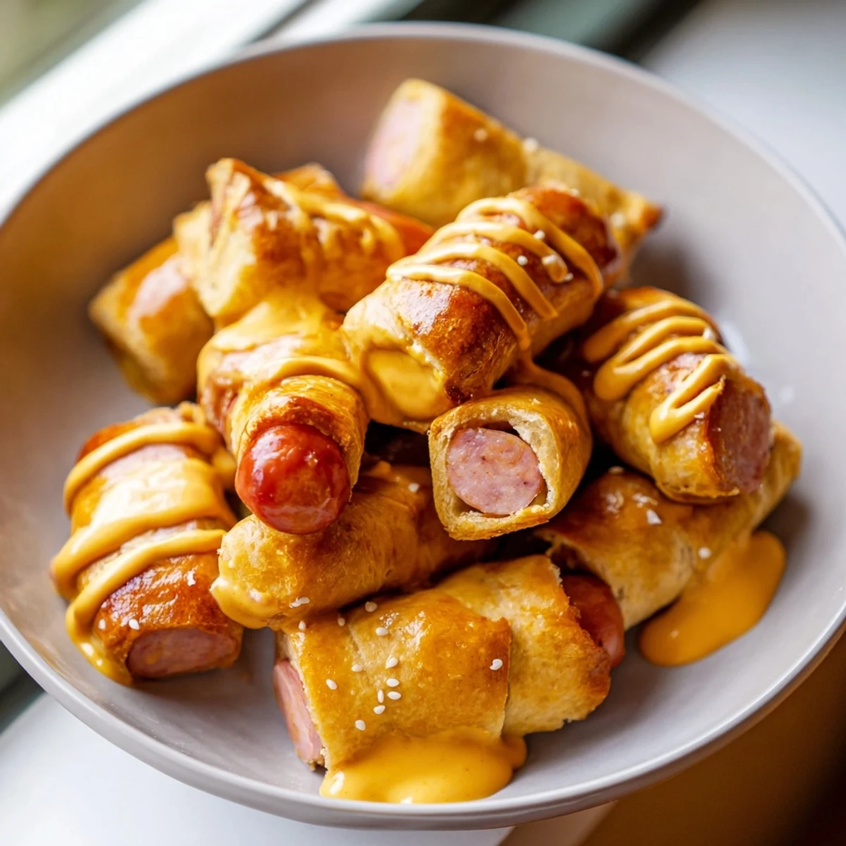 Close-up of baked Homemade Savory Sausage Rolls, showcasing the perfect pastry and seasoned sausage filling ready to enjoy.