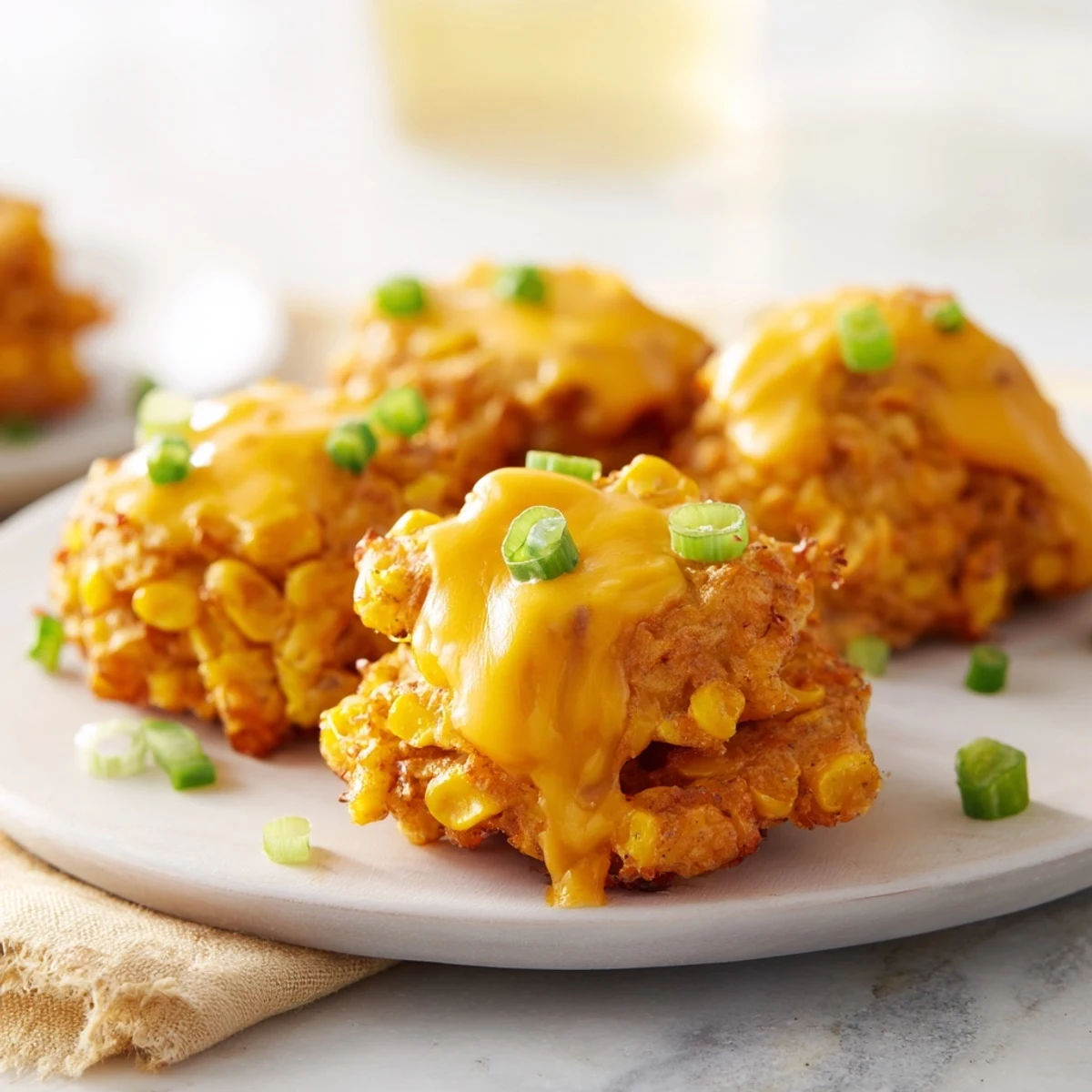 Golden corn and cheddar fritters on a plate, showcasing their crispy, golden exterior and fresh herbs.