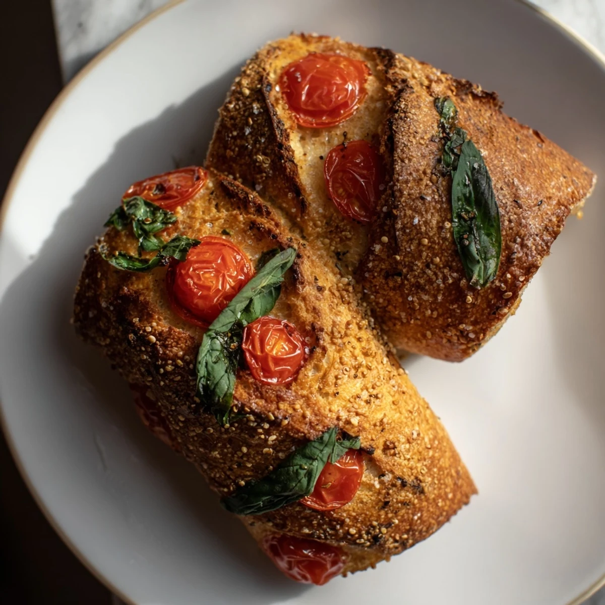 Warm Simple Homemade Tomato and Basil Flatbread with vibrant red tomatoes and fresh basil.