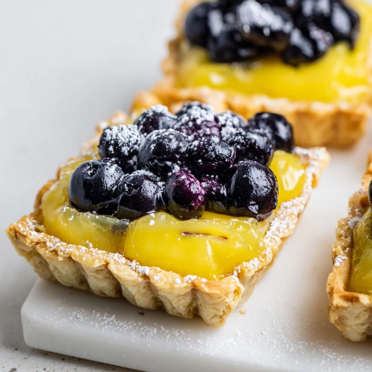 Golden, flaky, buttery shortbread base holds the vibrant lemon curd and sweet blueberries.