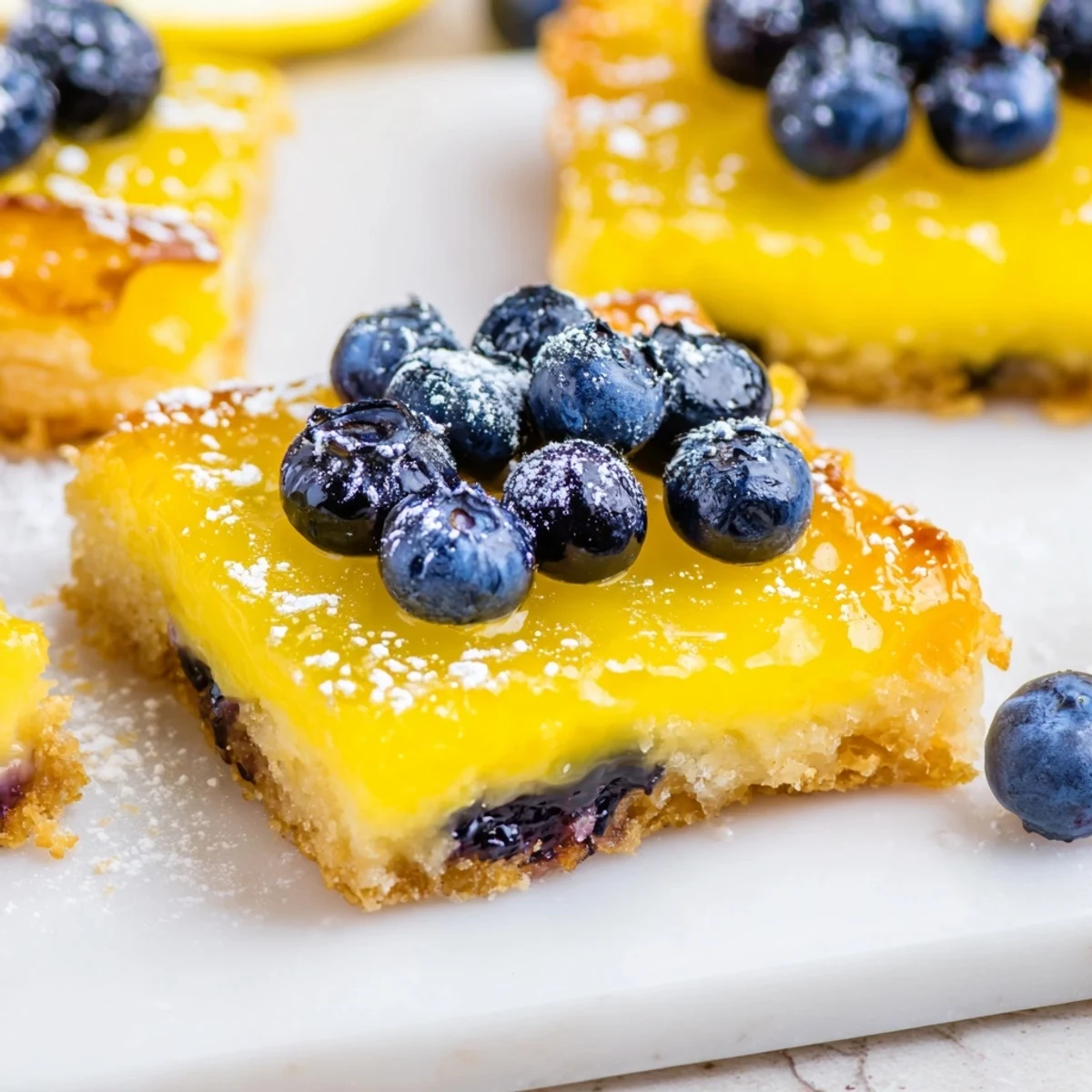 Sliced, ready-to-eat Lemon Curd and Blueberry Squares displaying a delightful mixture of textures.
