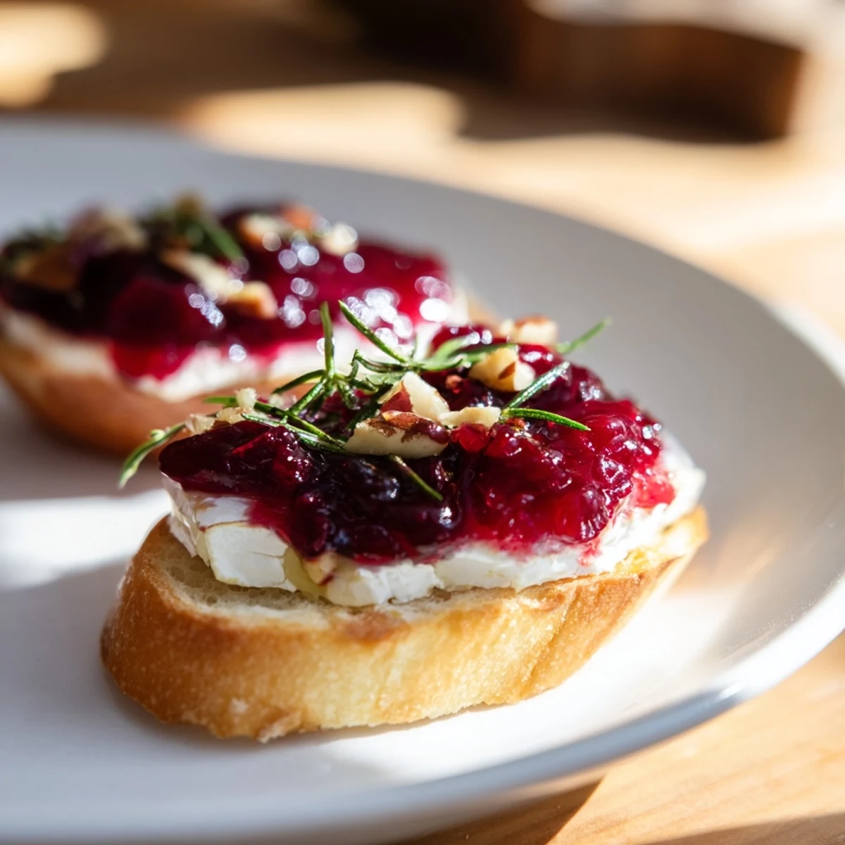 This close-up showcases Festive Holiday Cranberry and Brie Crostini, with glistening cranberry sauce and herbs.