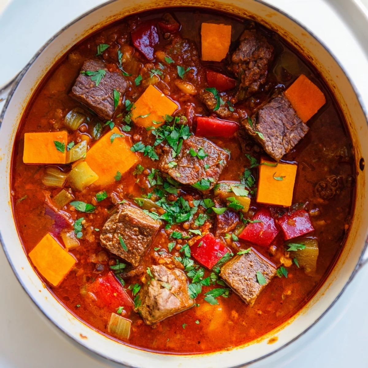 Steaming bowl of One-Pot Spicy Beef and Lentil Soup with beef, herbs, and vibrant red peppers.