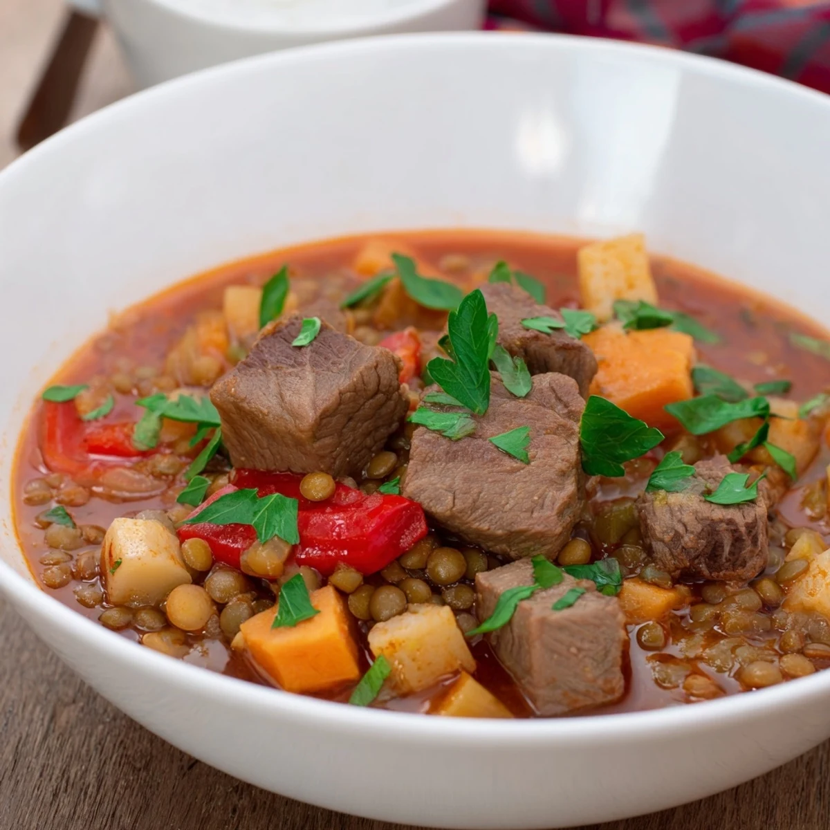 Close-up of a bubbling One-Pot Spicy Beef and Lentil Soup, full of beef and hearty lentils.