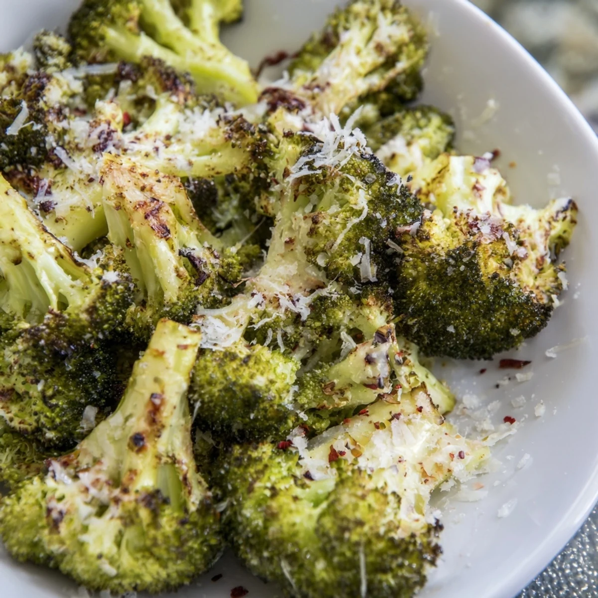 Crispy edges of Simple Garlic and Parmesan Roasted Broccoli, seasoned perfectly, a flavorful side dish creation.