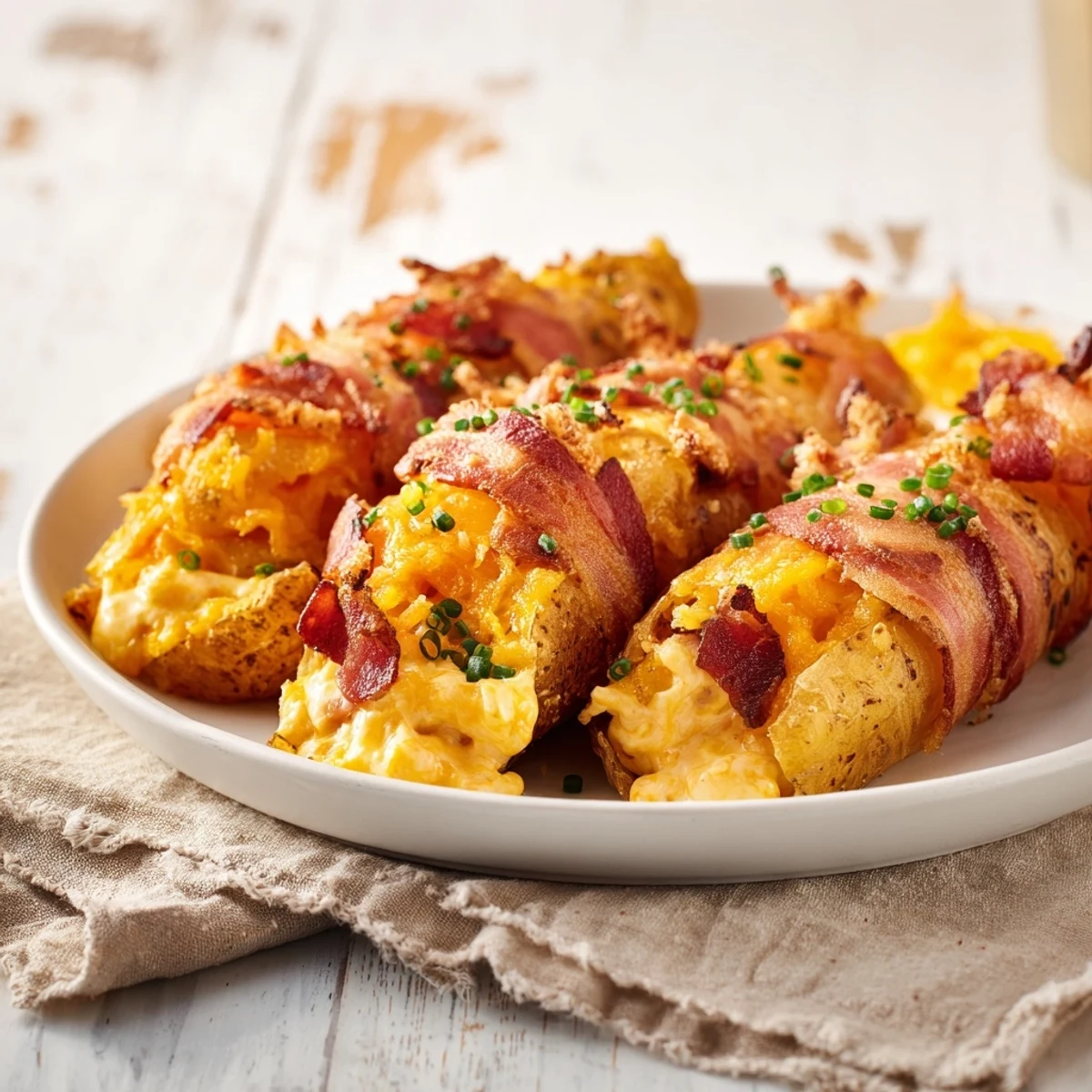 Golden, crispy air-fryer potato skins loaded with cheese, bacon, sour cream, and fresh chives for snacking.