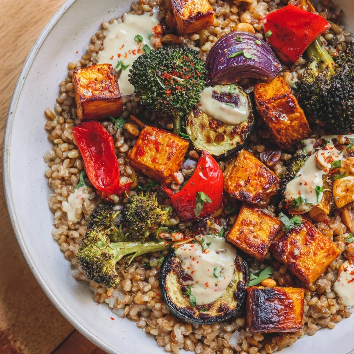 Warm, inviting image showing a Hearty Roasted Vegetable and Farro Grain Bowl brimming with roasted vegetables and grains.
