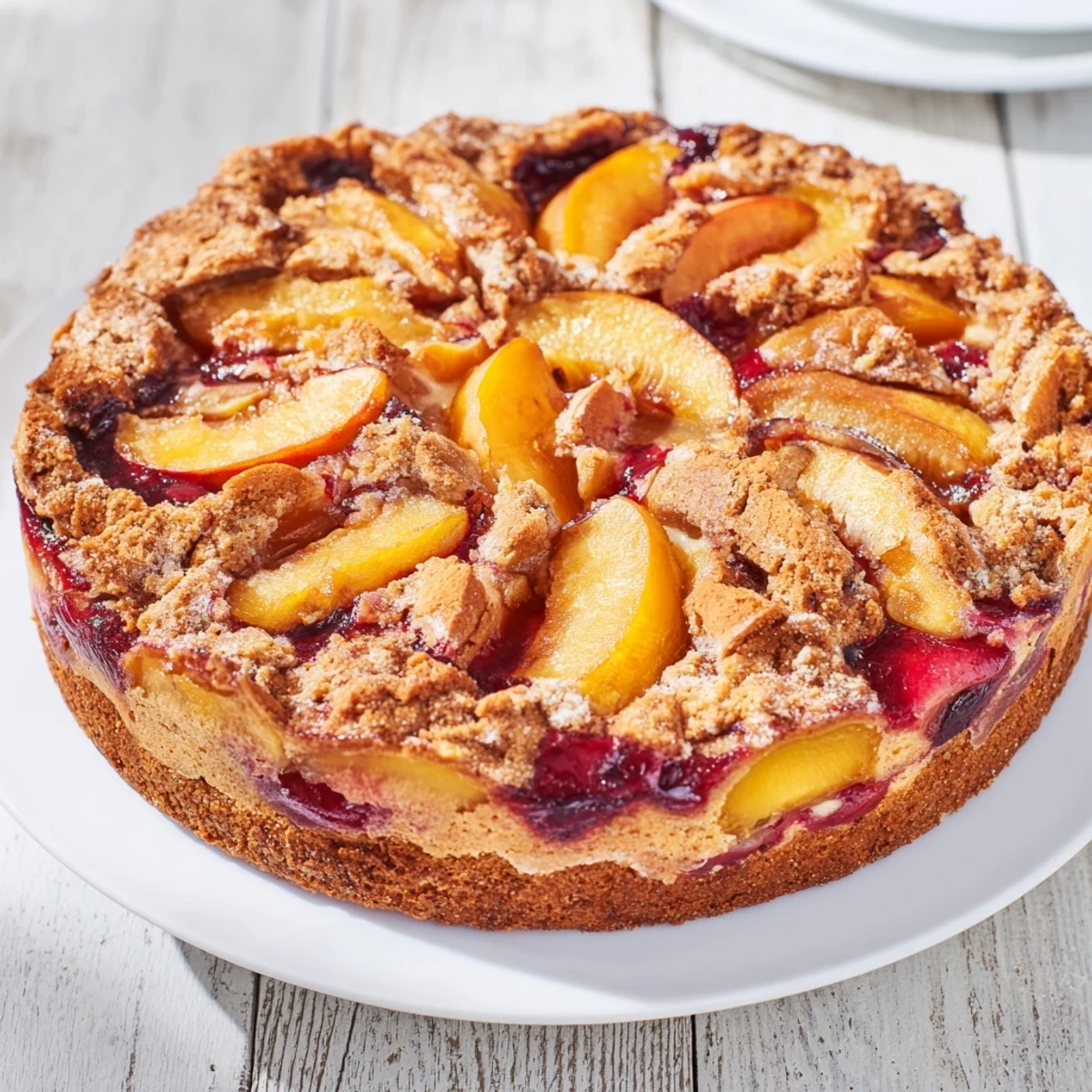 Golden crust cradles juicy peach slices in this Rustic Peach and Almond Tart recipe, ready to serve.