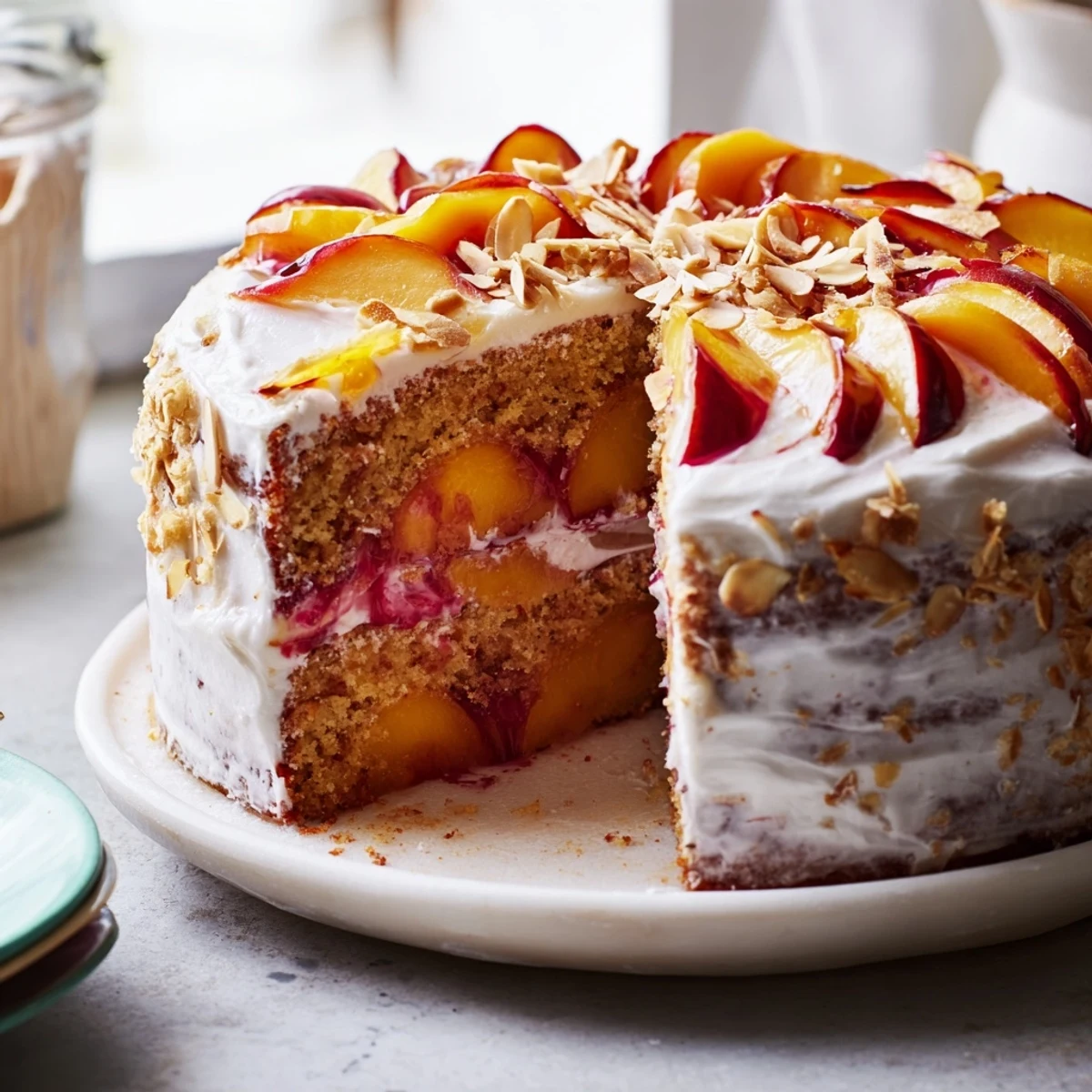 Imagine the delightful aroma of a baked Rustic Peach and Almond Tart, brimming with sweet peaches and almonds.