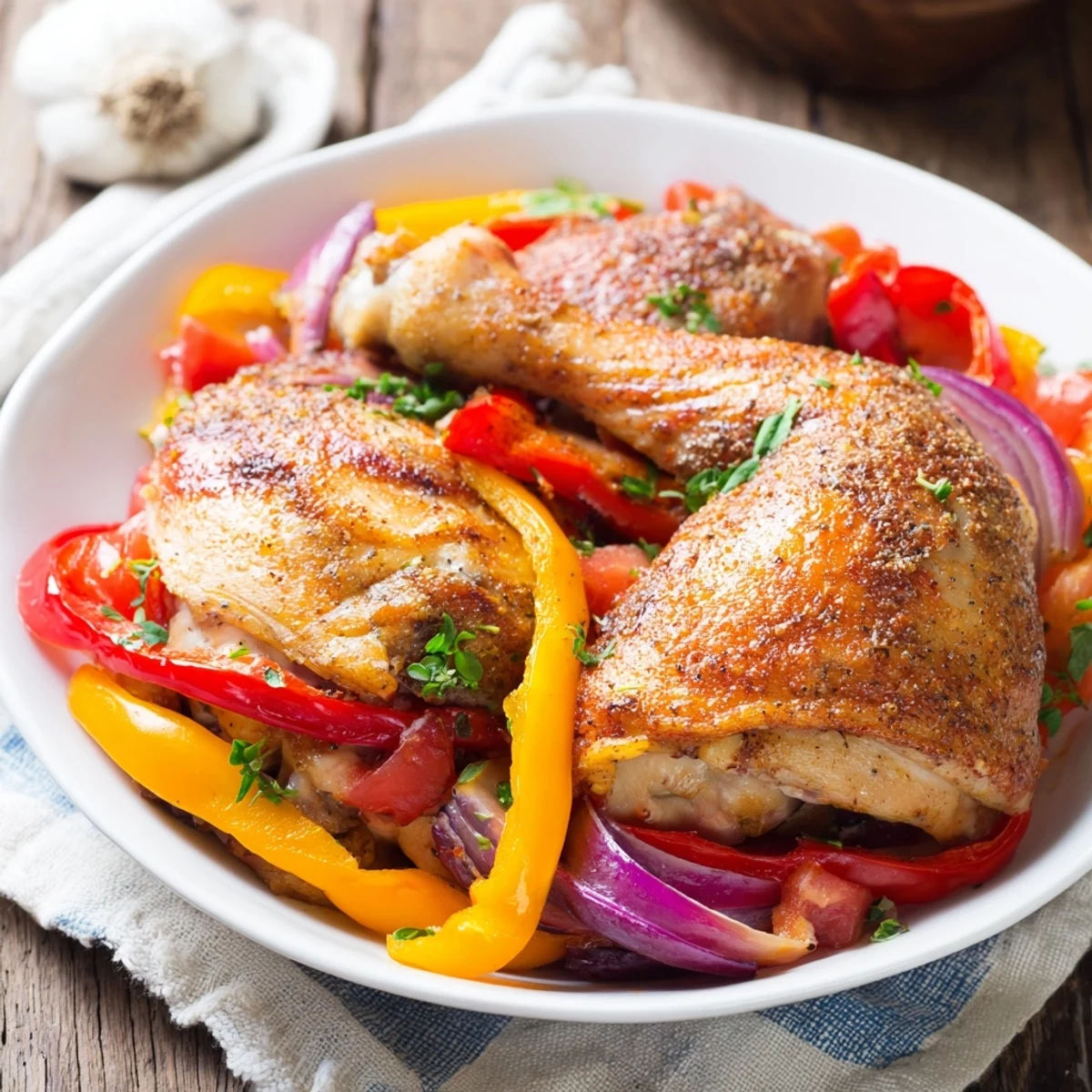 Roasted Easy Sheet Pan Greek Chicken with bell peppers, glistening with olive oil, ready to serve with lemon wedges.