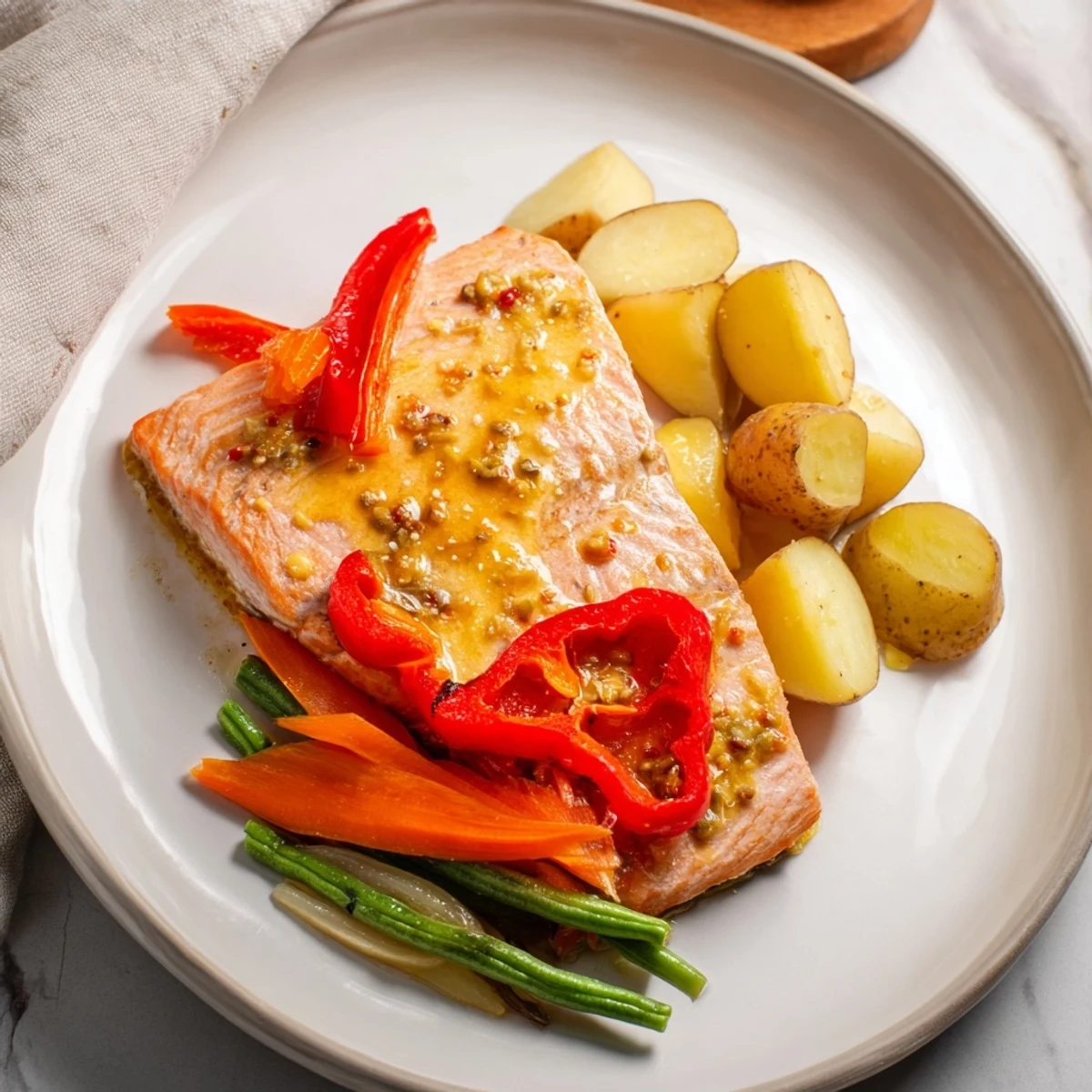 Golden, flaky One-Tray Baked Salmon with vibrant roasted vegetables and a glossy honey mustard glaze.