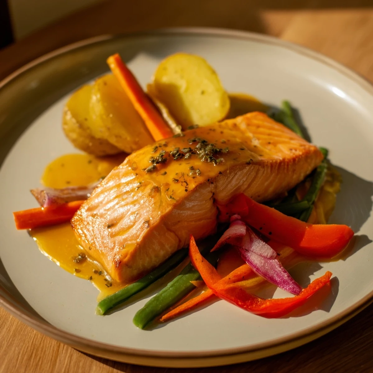 A close-up shot of juicy One-Tray Baked Salmon ready to eat, served with tender vegetables.