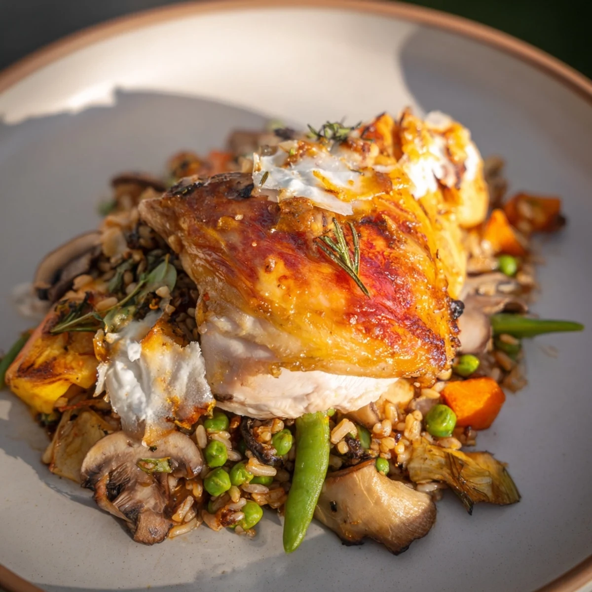 A close-up of the delicious All-in-One Pan Creamy Chicken and Wild Rice, showing tender chicken over wild rice.