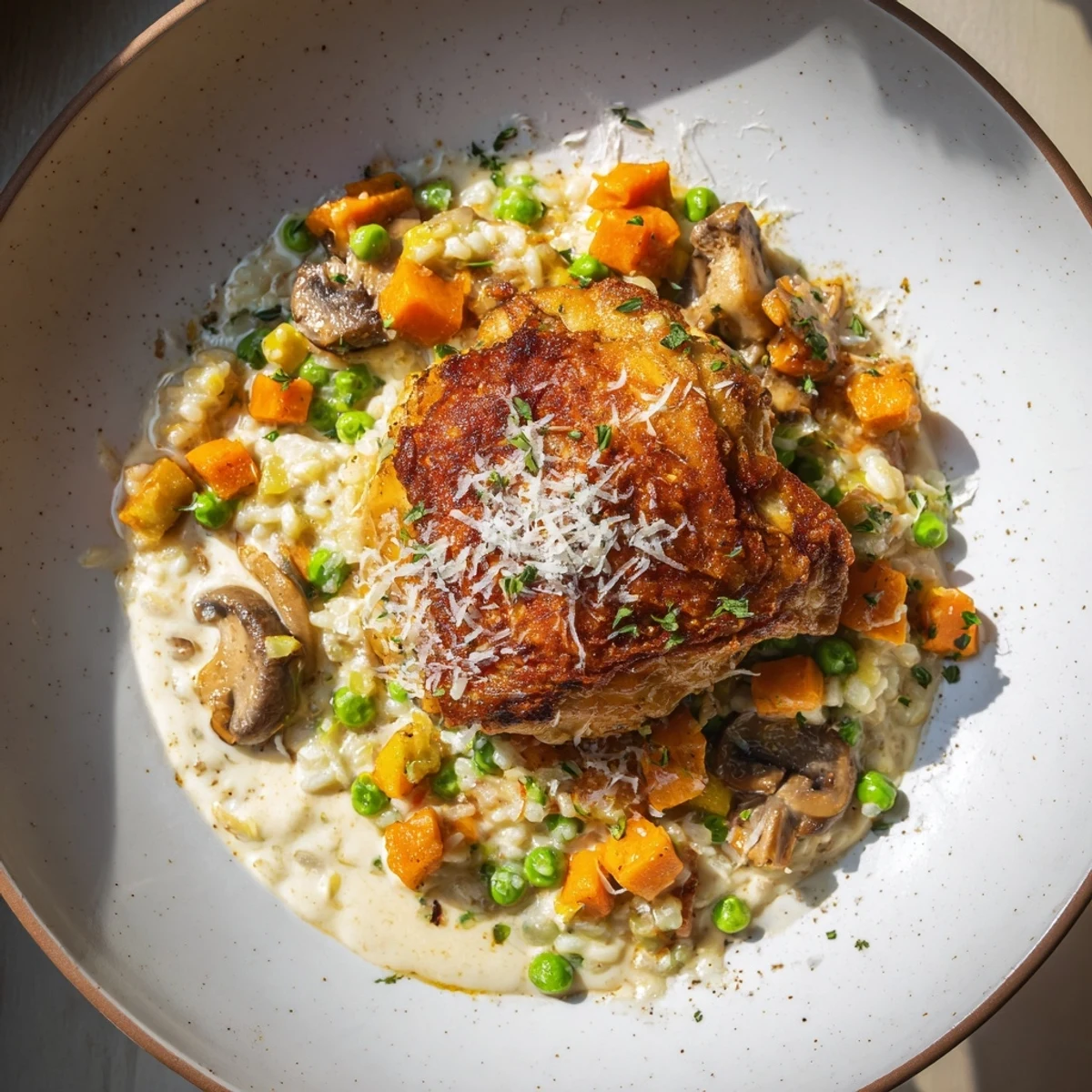 This photo shows a bubbling All-in-One Pan Creamy Chicken and Wild Rice, ready to serve on plates.