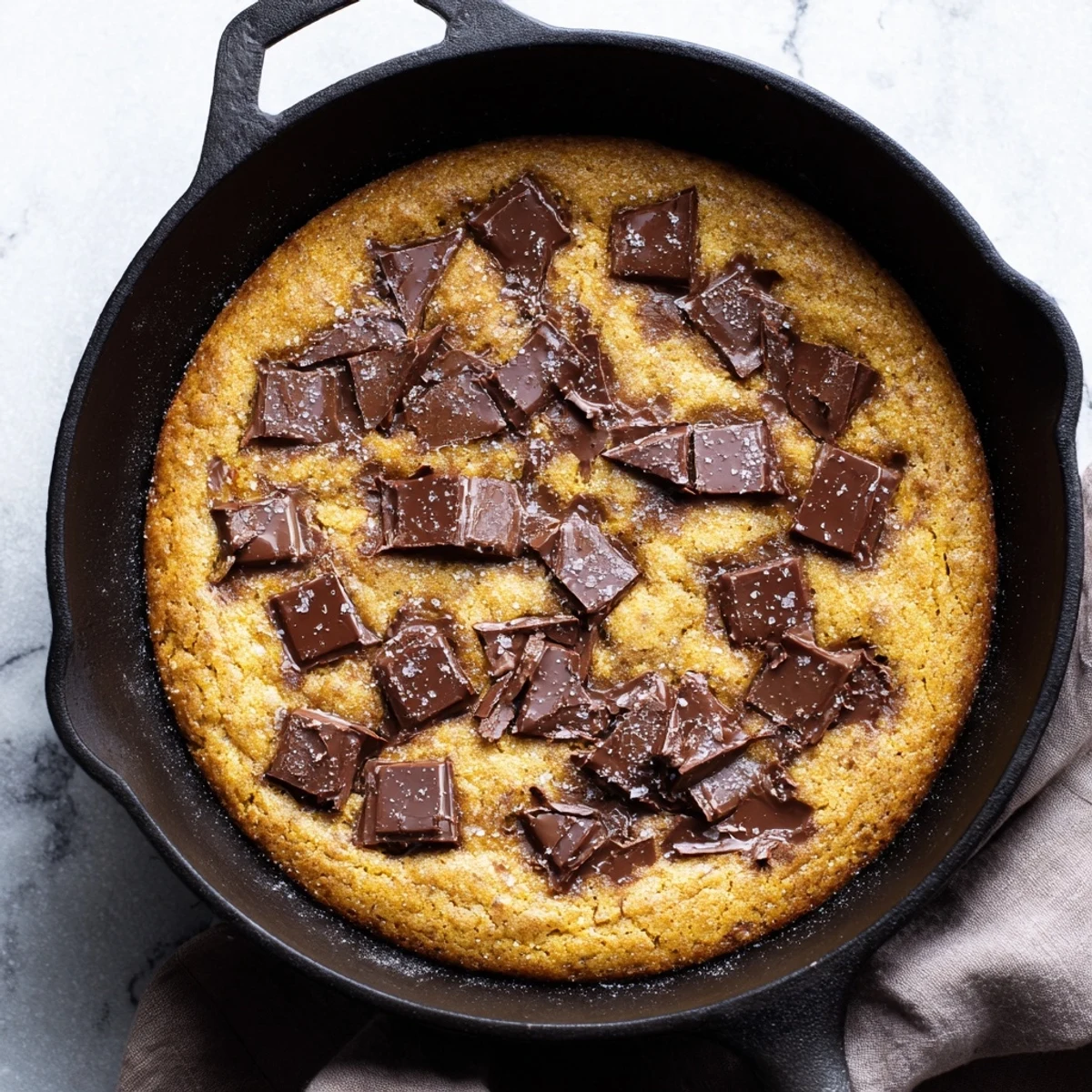 Warm chocolate chunk skillet cookie, golden-brown and bubbling, ready to be scooped with ice cream.