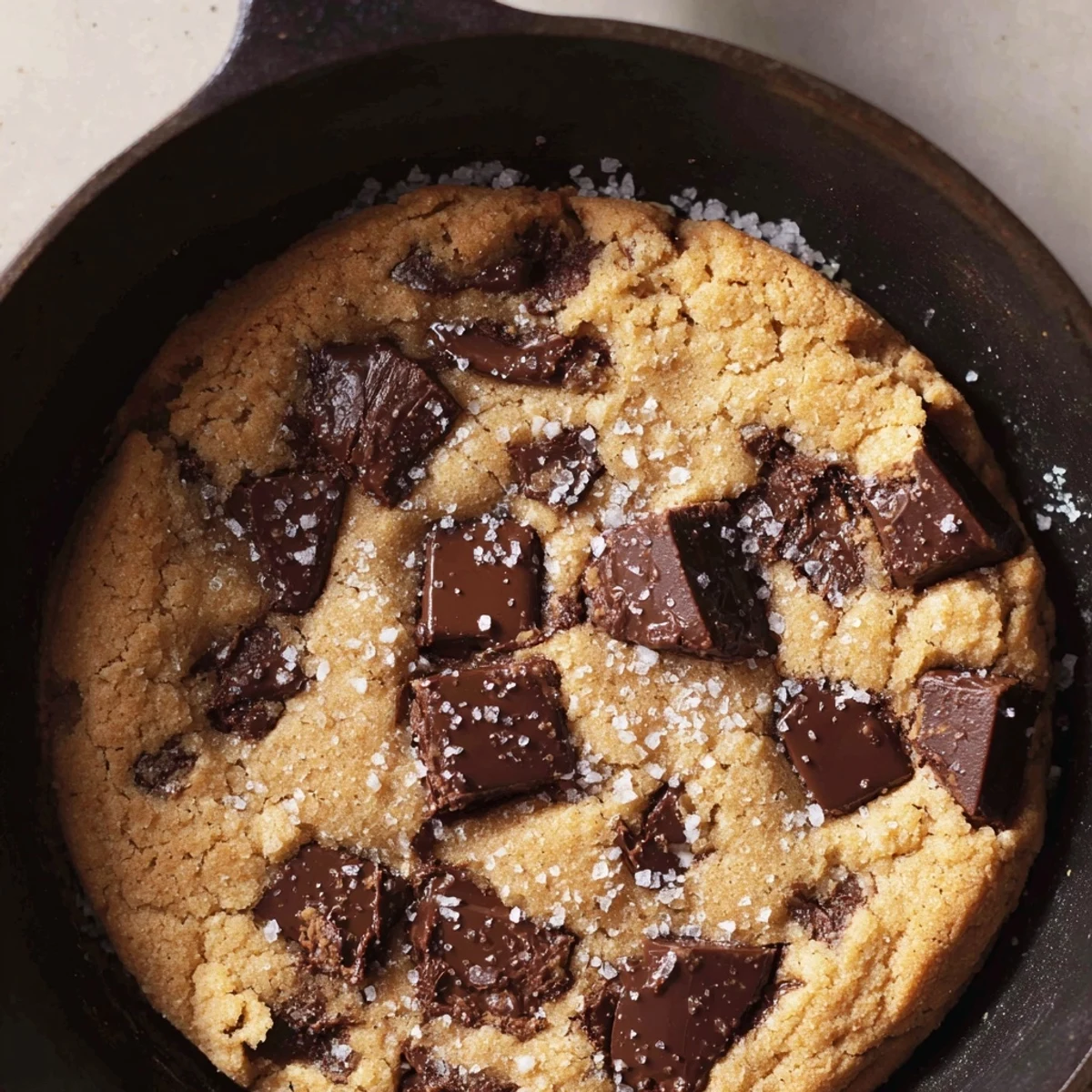 Freshly baked warm chocolate chunk skillet cookie, served with vanilla ice cream, promising a rich dessert.