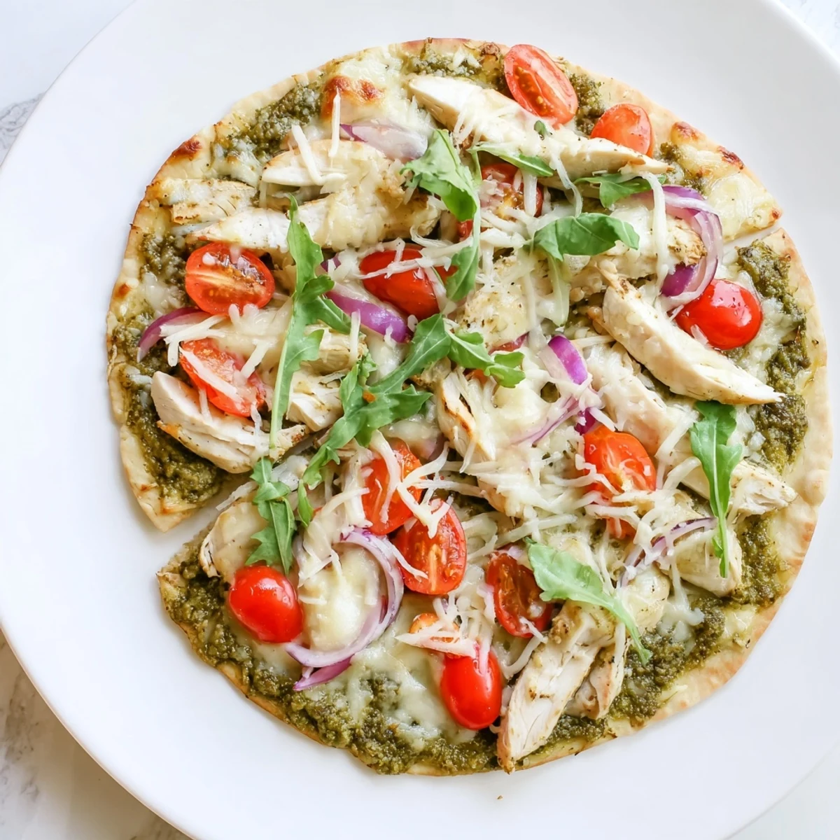 Golden-crusted pesto chicken flatbread with bubbly mozzarella, vibrant tomatoes, and tender chicken slices.