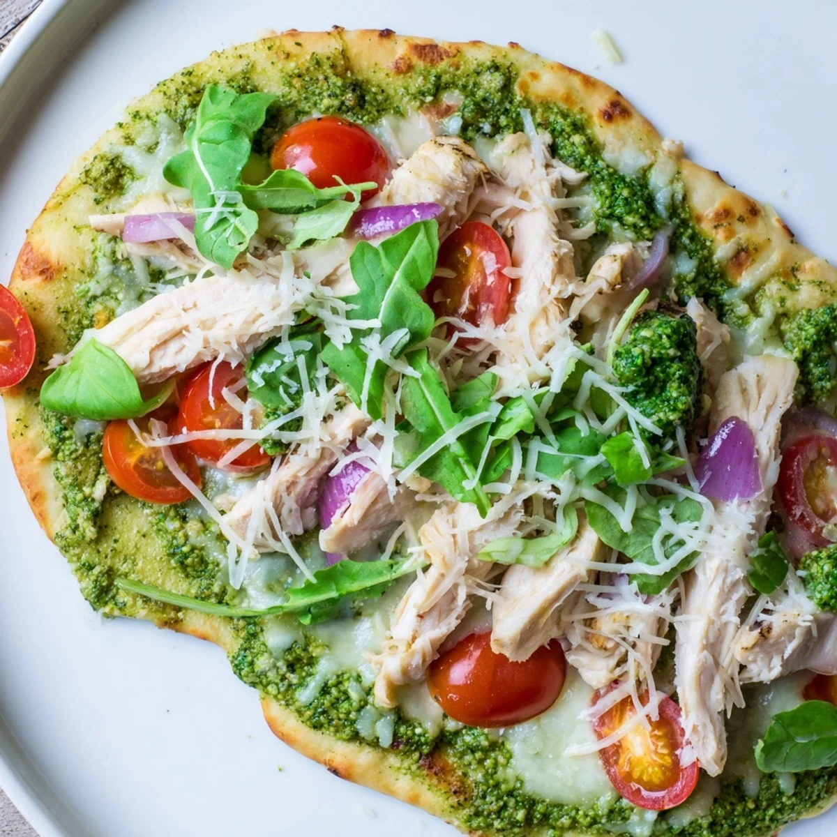 Savory pesto chicken flatbread featuring a colorful mix of toppings and a delightful, crispy crust.