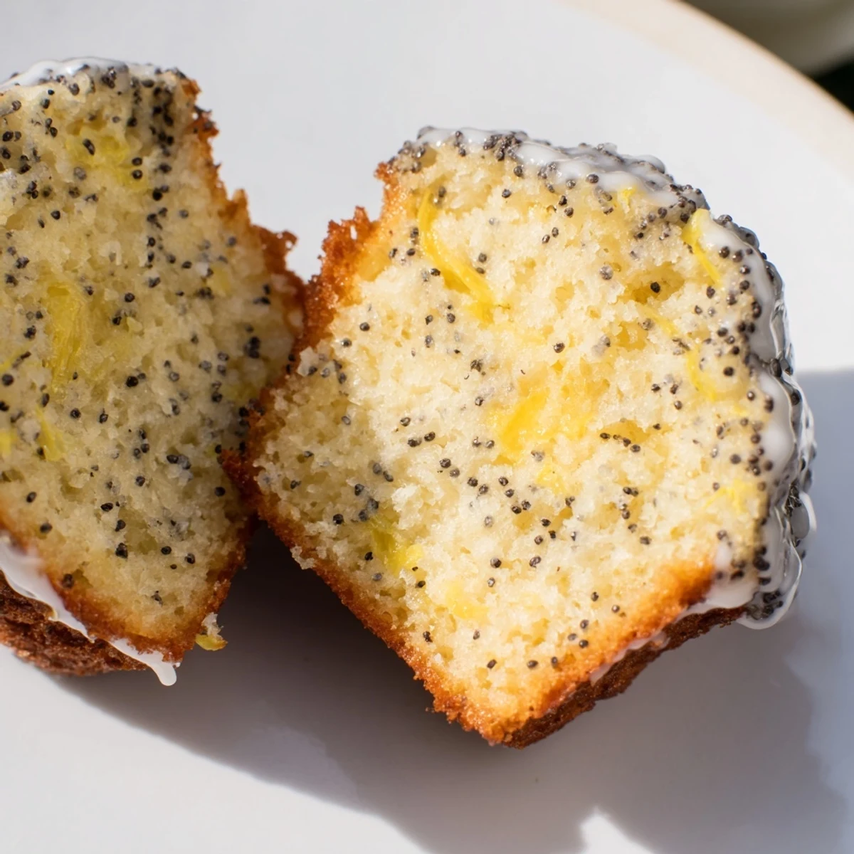 Golden-brown Lemon Poppy Seed Muffins, fresh from the oven, offering a delightful breakfast treat.