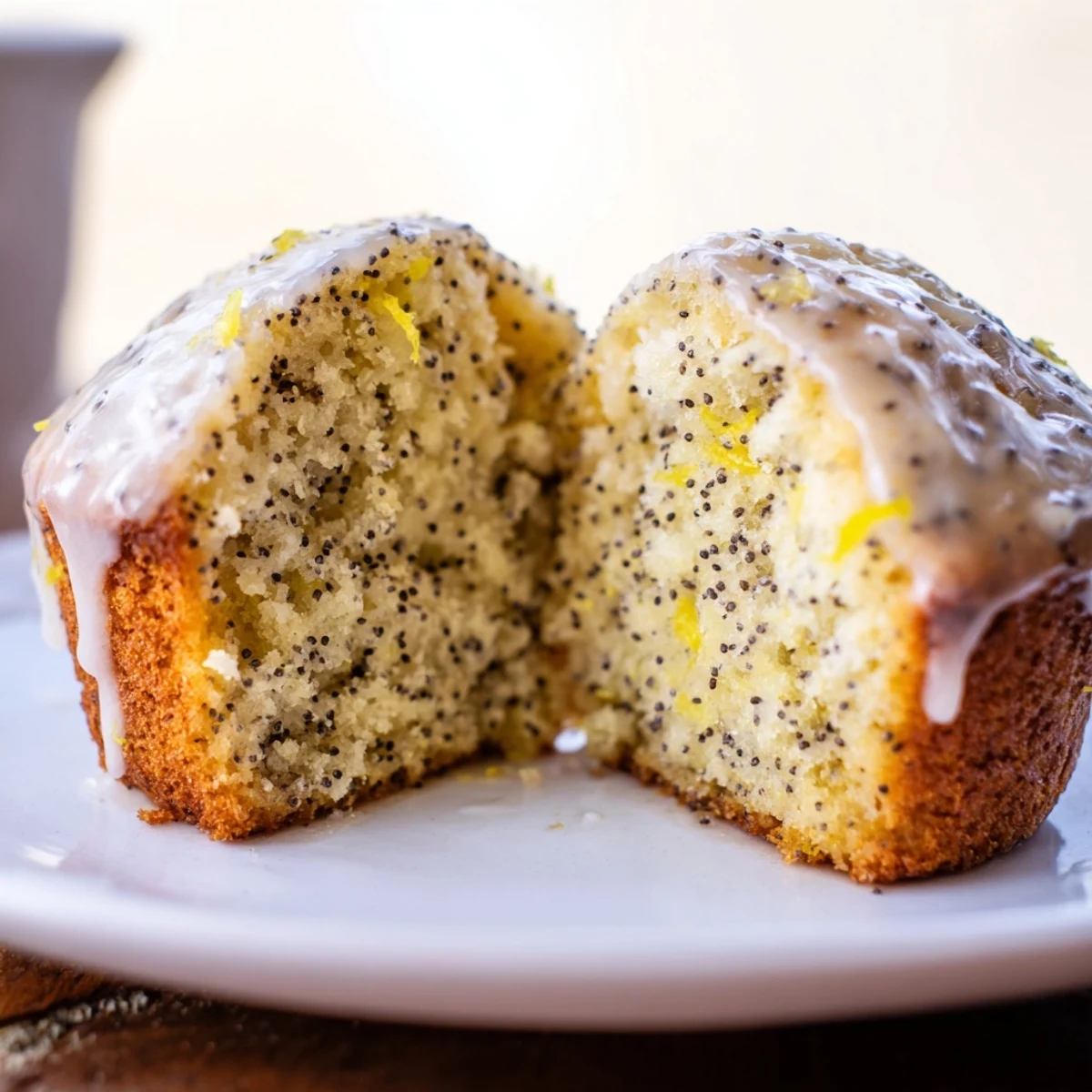 Fluffy Lemon Poppy Seed Muffins, drizzled with lemon glaze, an inviting and delicious snack.