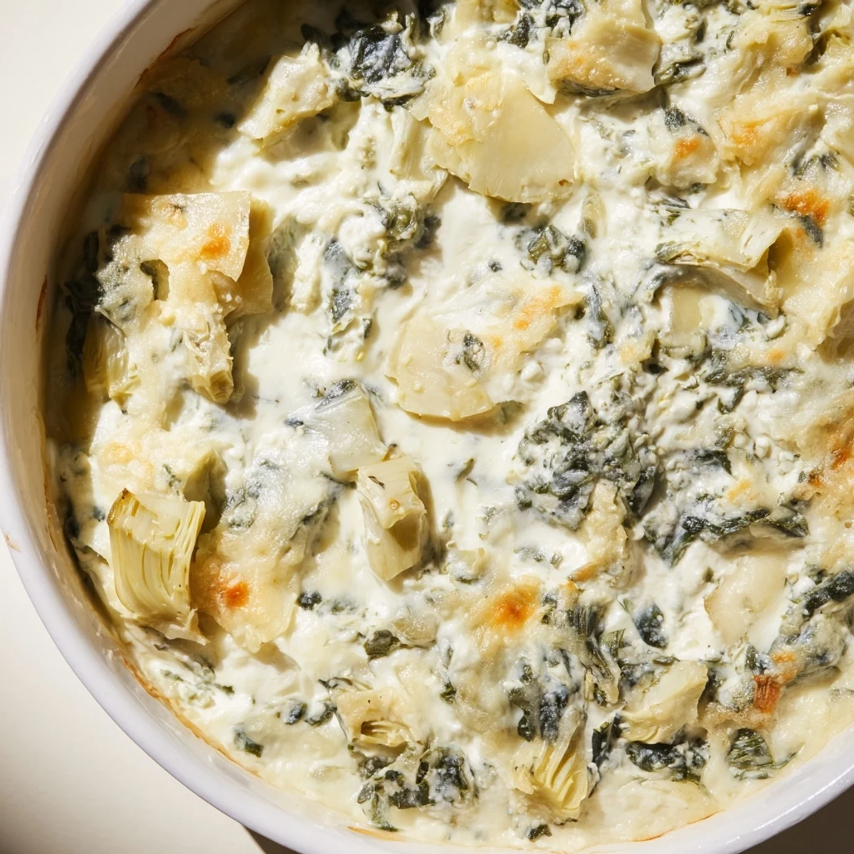 Warm, bubbly Cheesy Spinach Artichoke Dip, generously served with crispy tortilla chips for dipping.