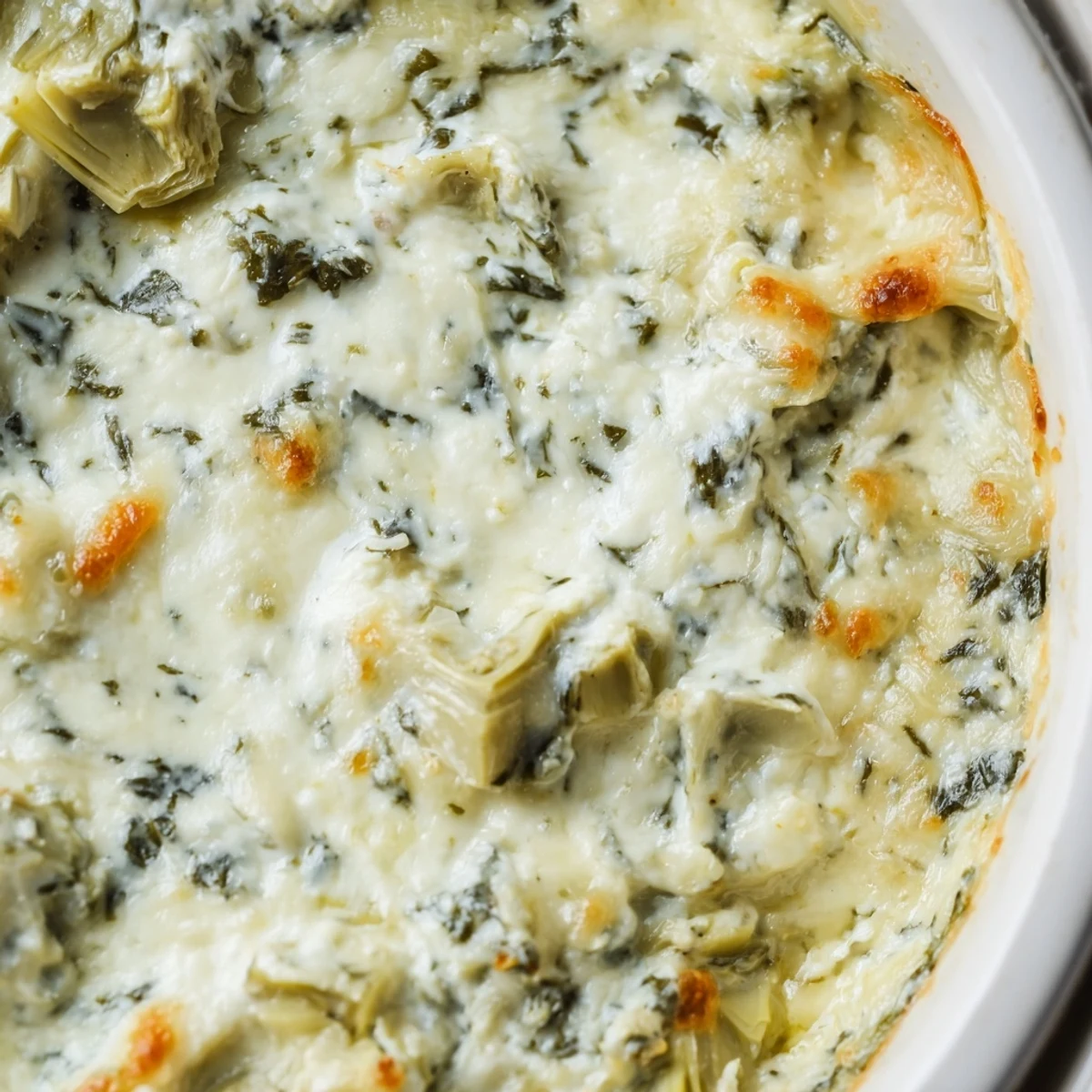 A flavorful baked Cheesy Spinach Artichoke Dip, steaming hot, featuring a rich, cheesy texture.