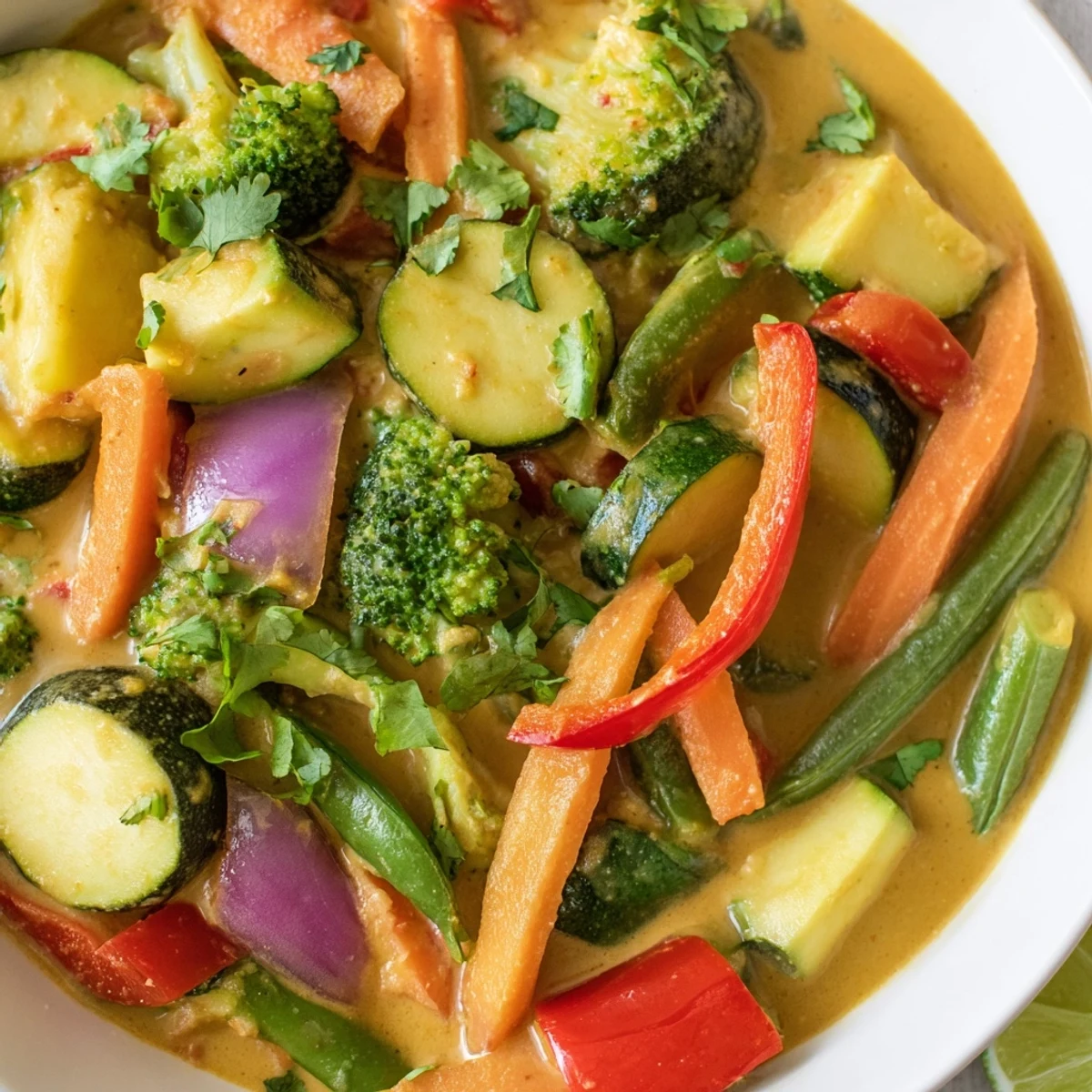 Steaming Coconut Curry Vegetables with vibrant colors, served with fresh cilantro and lime wedges.
