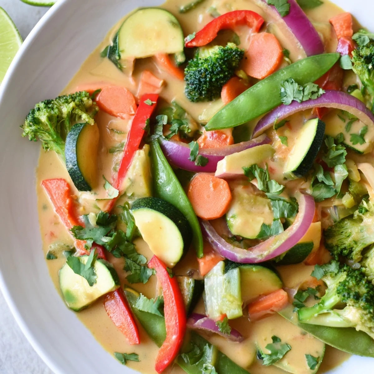 Delicious, spiced Coconut Curry Vegetables, featuring tender vegetables in a flavorful coconut milk sauce.