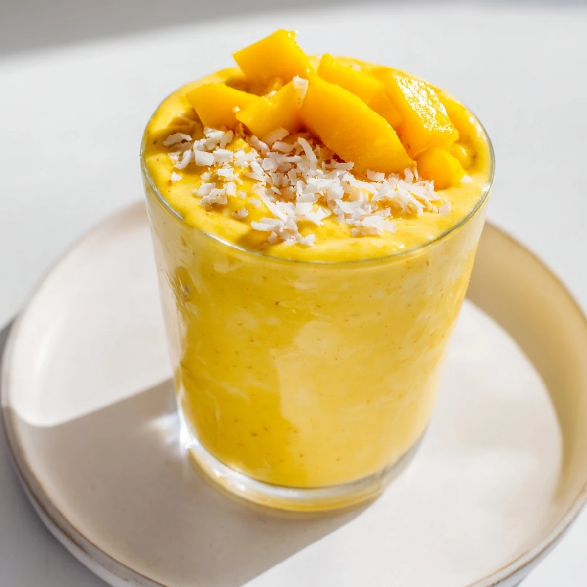 A chilled glass of Mango Turmeric Smoothie, blended to creamy perfection for a healthy start.