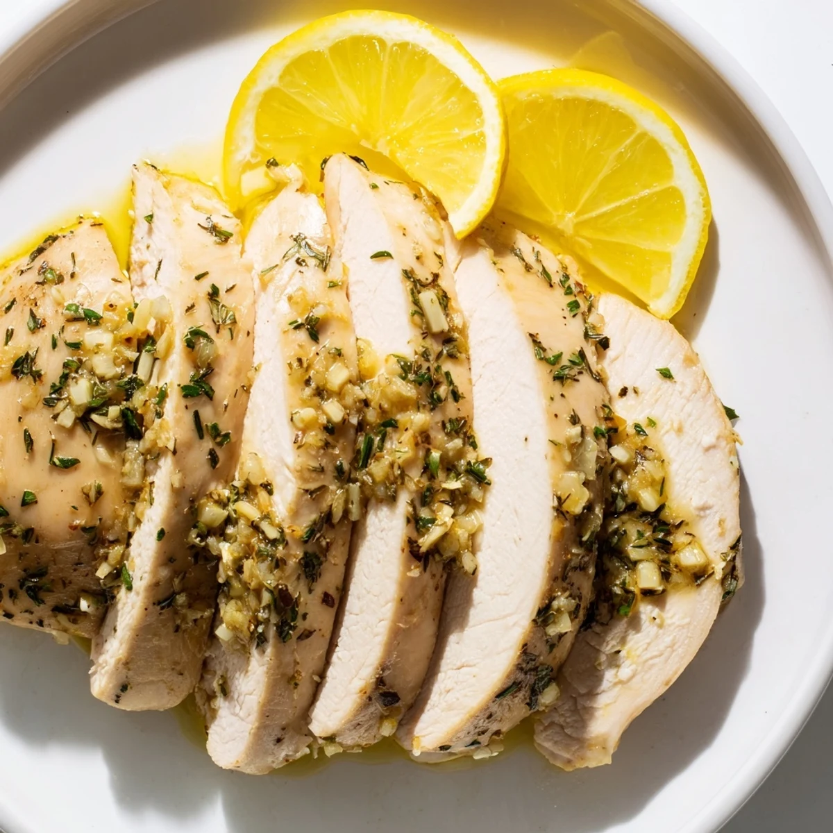 Golden, baked Greek Lemon Herb Chicken, juicy and fragrant, served with fresh lemon wedges for zest.