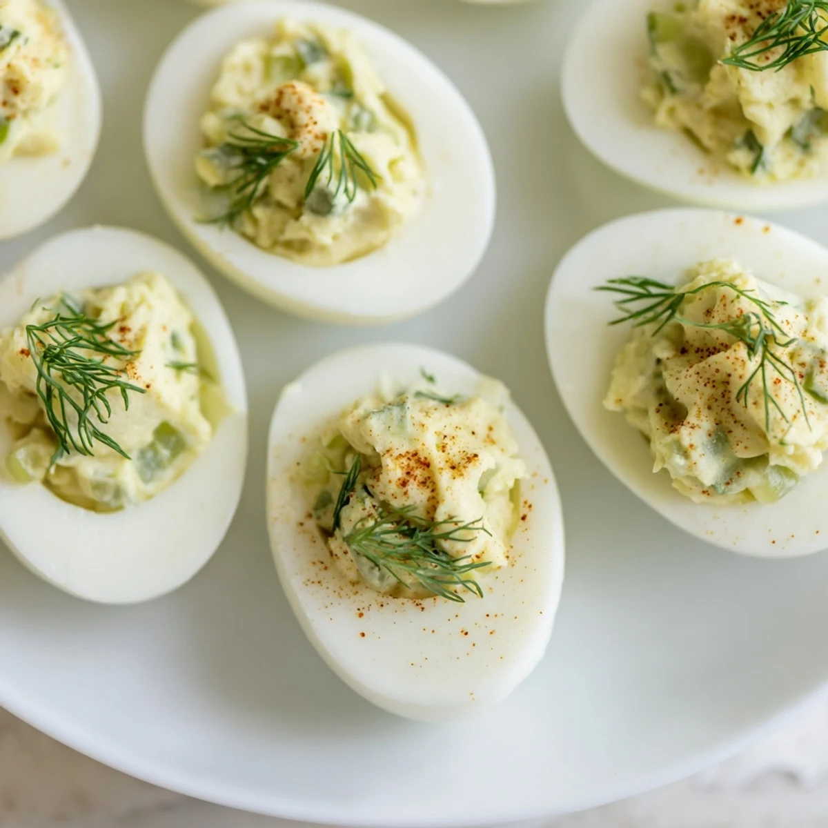 Vibrant photo of Dill Pickle Deviled Eggs, garnished with fresh dill and paprika, ready to serve.