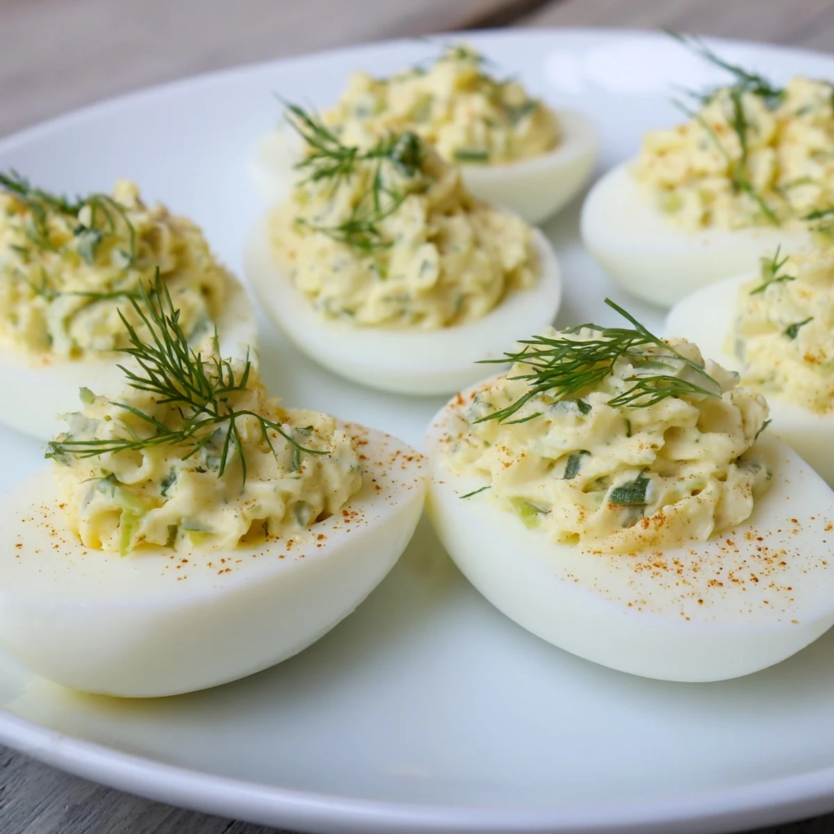 Close-up of creamy Dill Pickle Deviled Eggs, showing the tangy filling and fresh dill garnish.