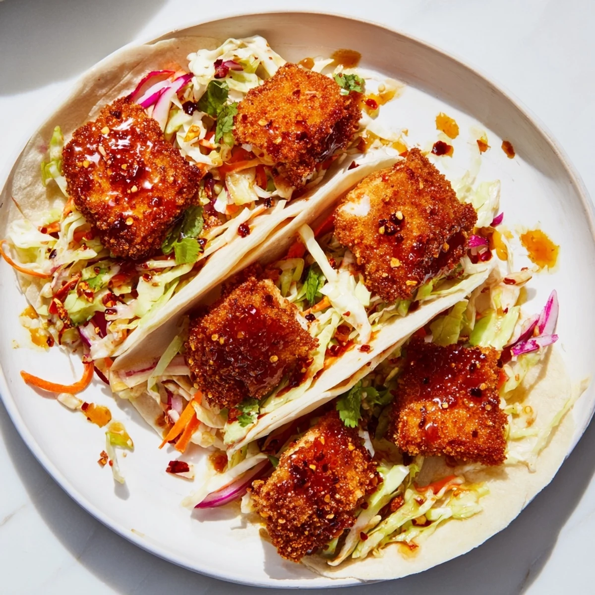 Close-up of vibrant Hot Honey Chicken Tacos with a messy, delicious combination of textures and flavors.