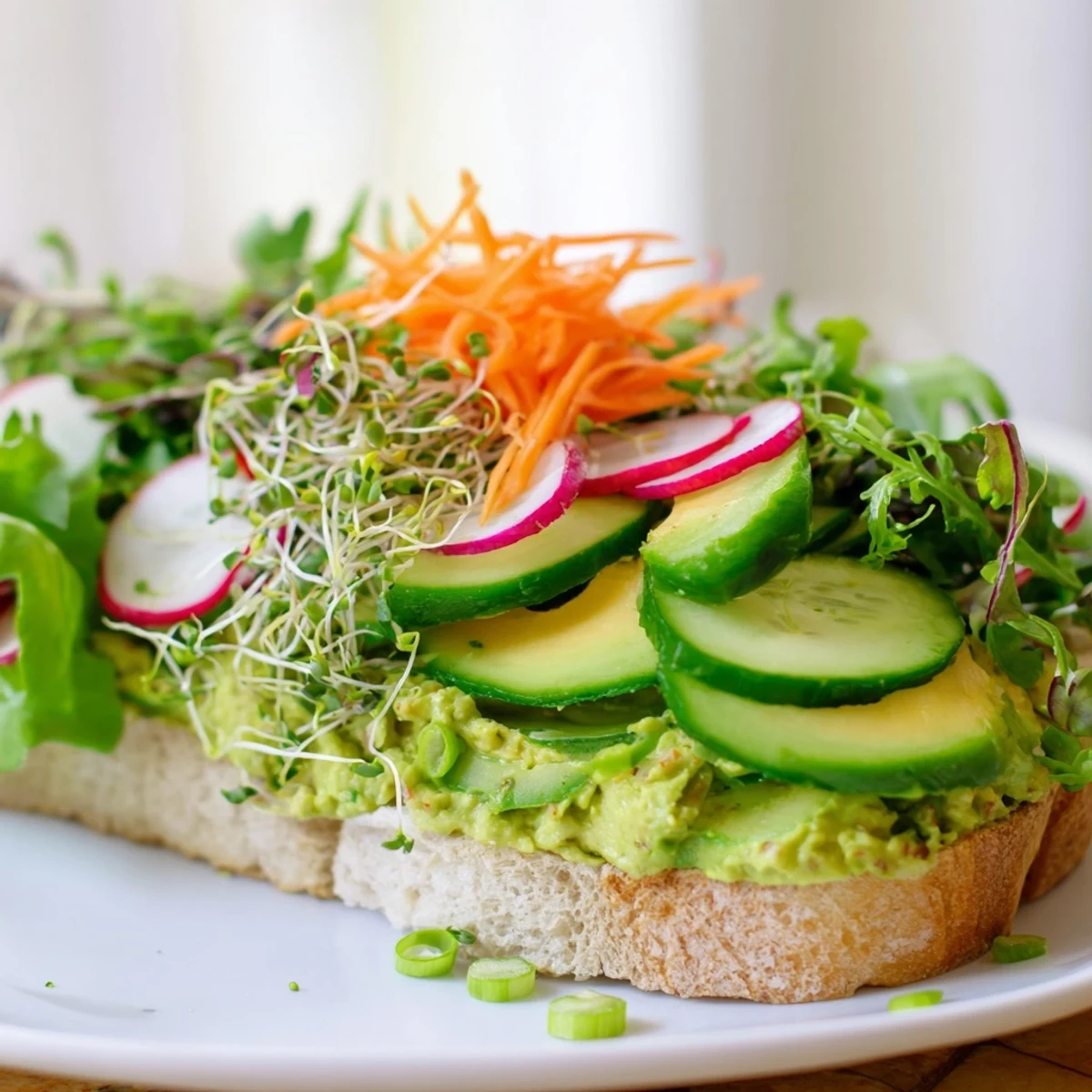 A close-up of a vibrant Green Goddess Sandwich, packed with fresh vegetables and creamy spread.