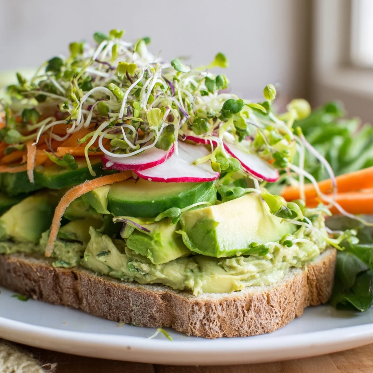 A hearty Green Goddess Sandwich, showing layers of fresh ingredients ready for a delicious lunch.