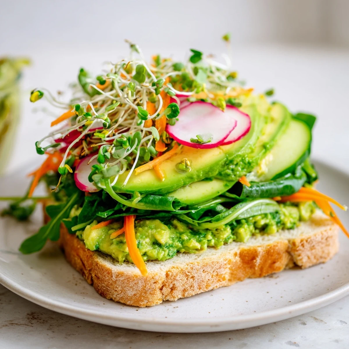 Enjoy a tempting photo of a fully assembled Green Goddess Sandwich with overflowing fillings.