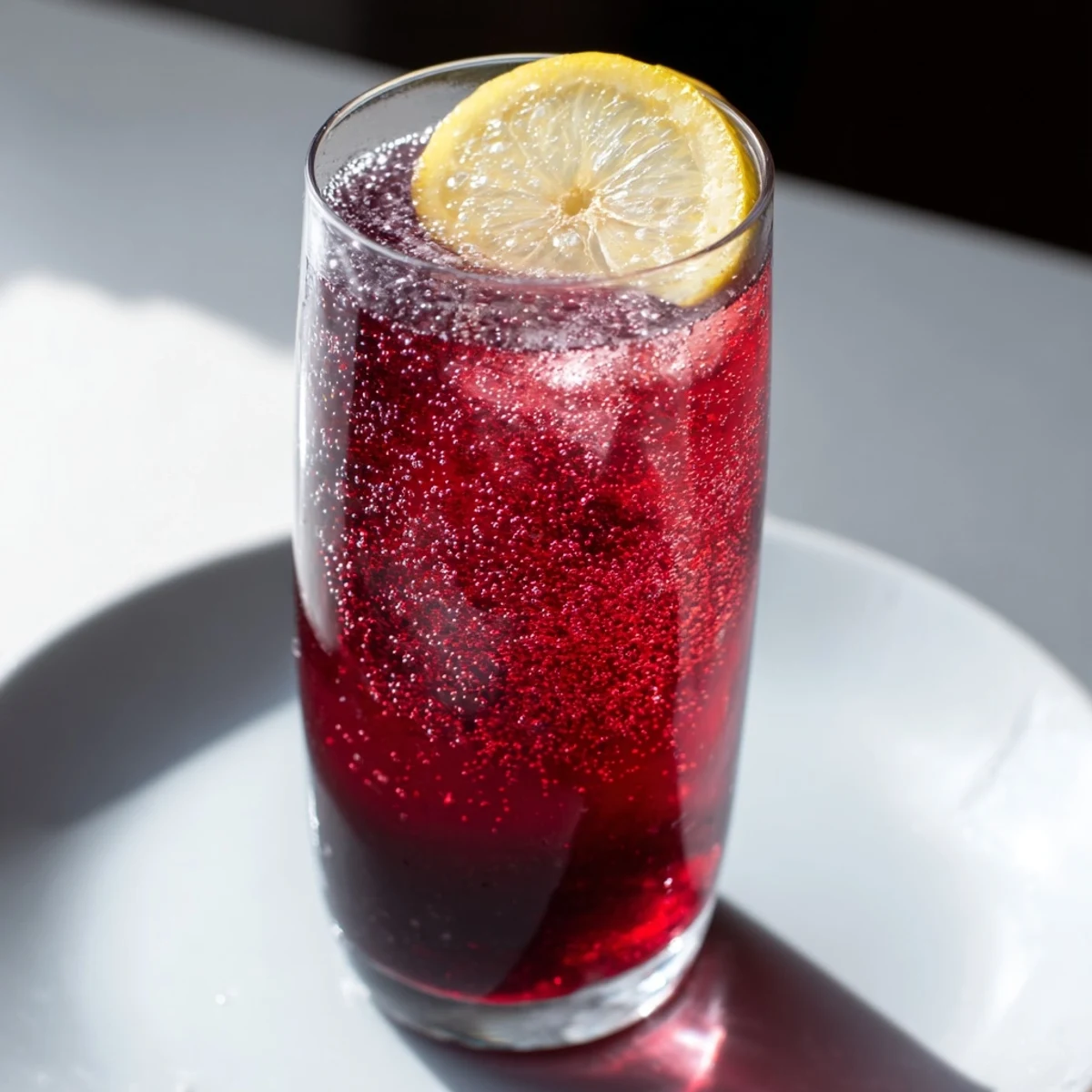 A refreshing Sleepy Girl Mocktail: ruby-red tart cherry juice swirled with sparkling water and ice.