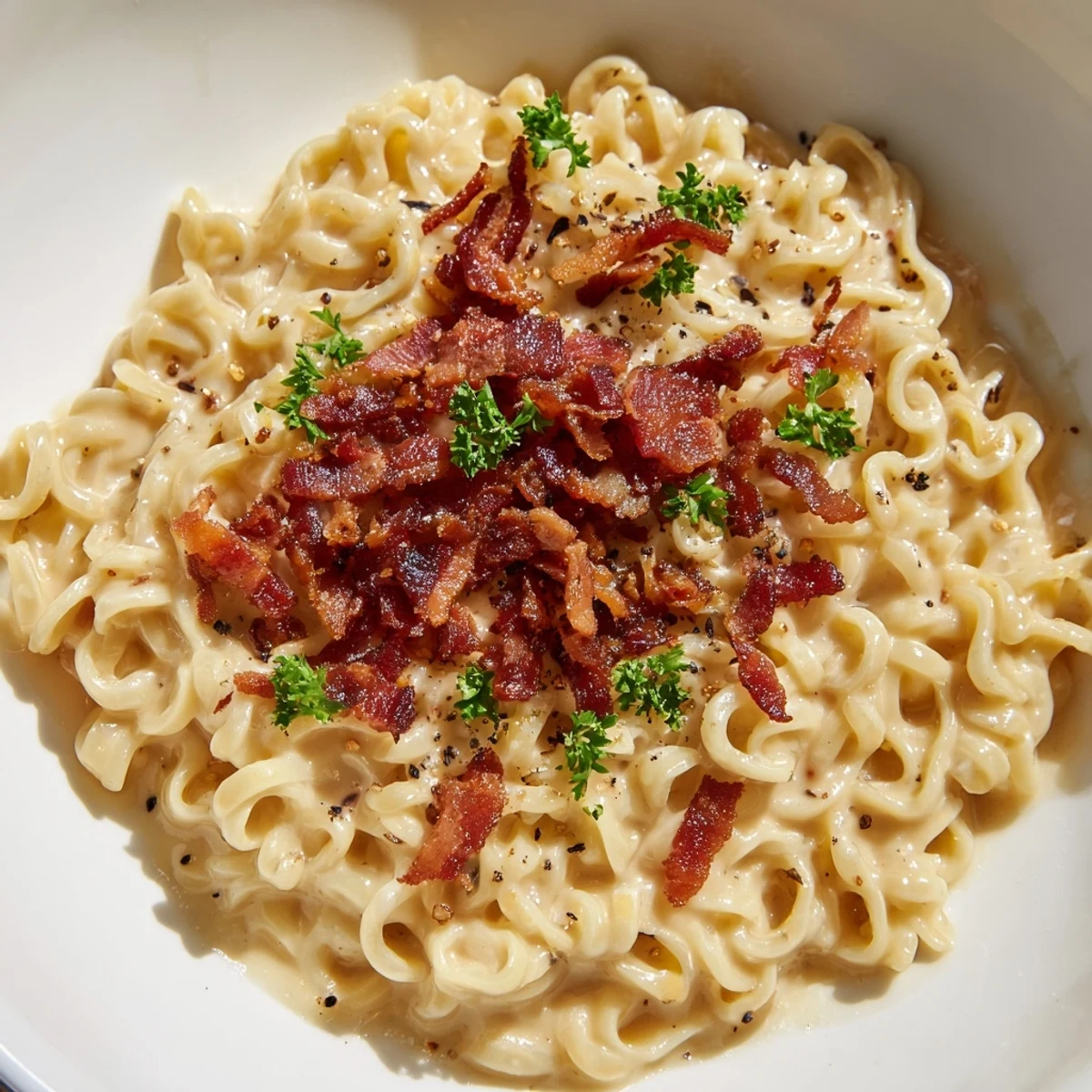 Golden-y Ramen Carbonara Hack with perfectly coated noodles and a sprinkle of fresh parsley.