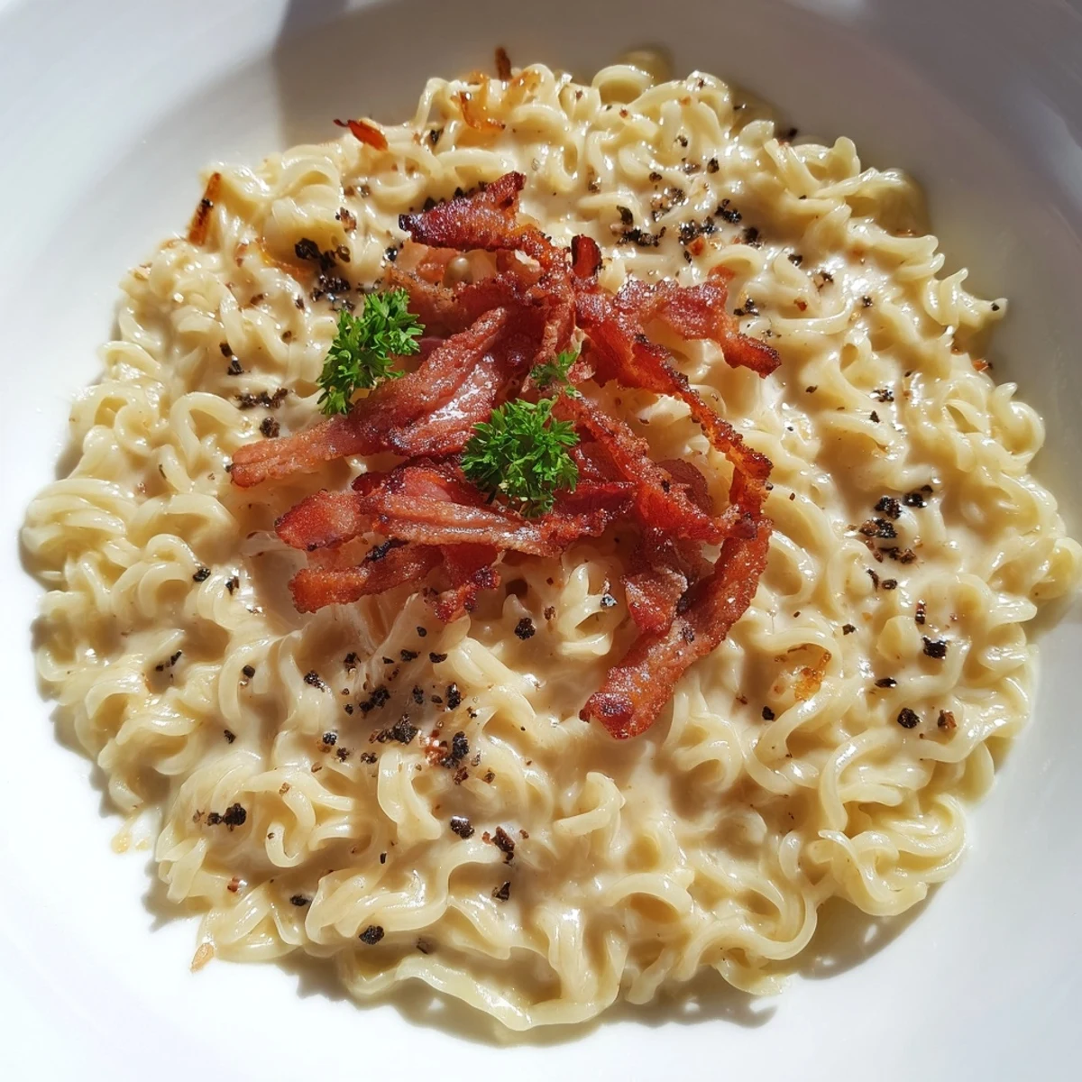 A creamy Ramen Carbonara Hack featuring rich egg yolk sauce and optional crispy bacon pieces.