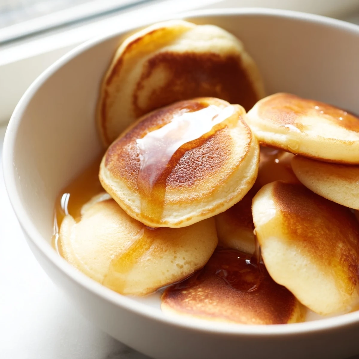 Golden, bite-sized Fluffy Pancake Cereal swimming in a bowl, awaiting a syrup drizzle.