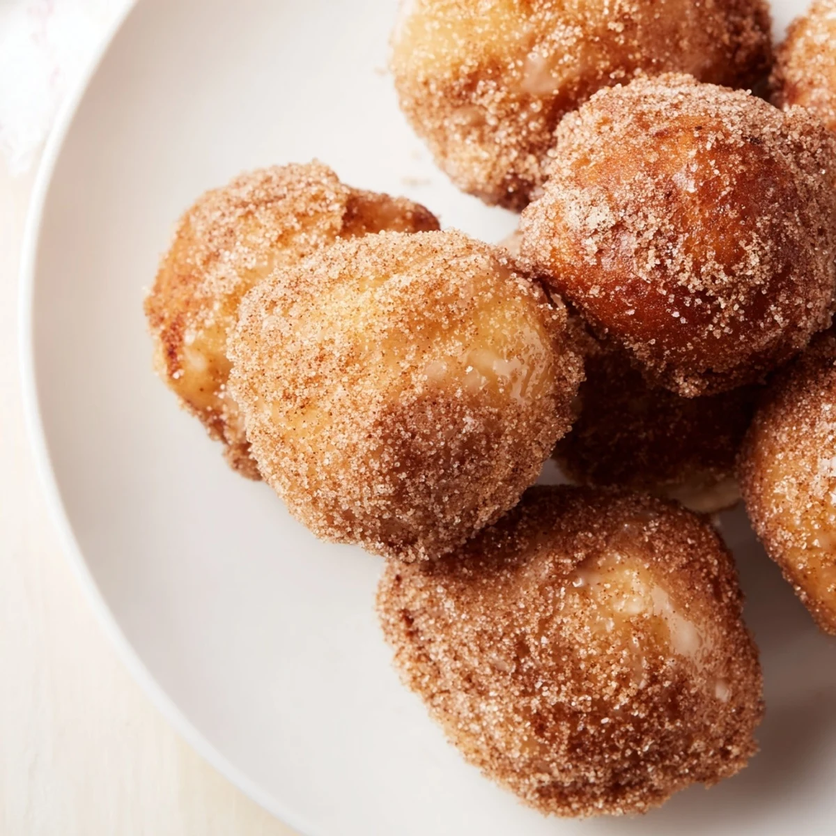 Freshly air fried cinnamon donuts, soft and buttery inside with a delightful cinnamon sugar coating.