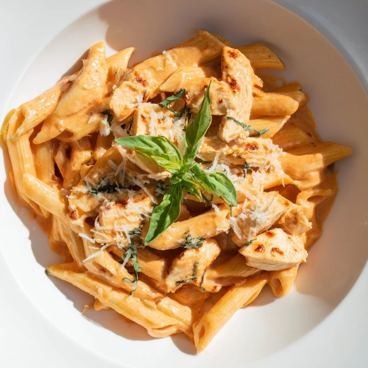 Creamy Tomato Basil Chicken Pasta with fresh basil and parmesan, a vibrant, comforting dish.