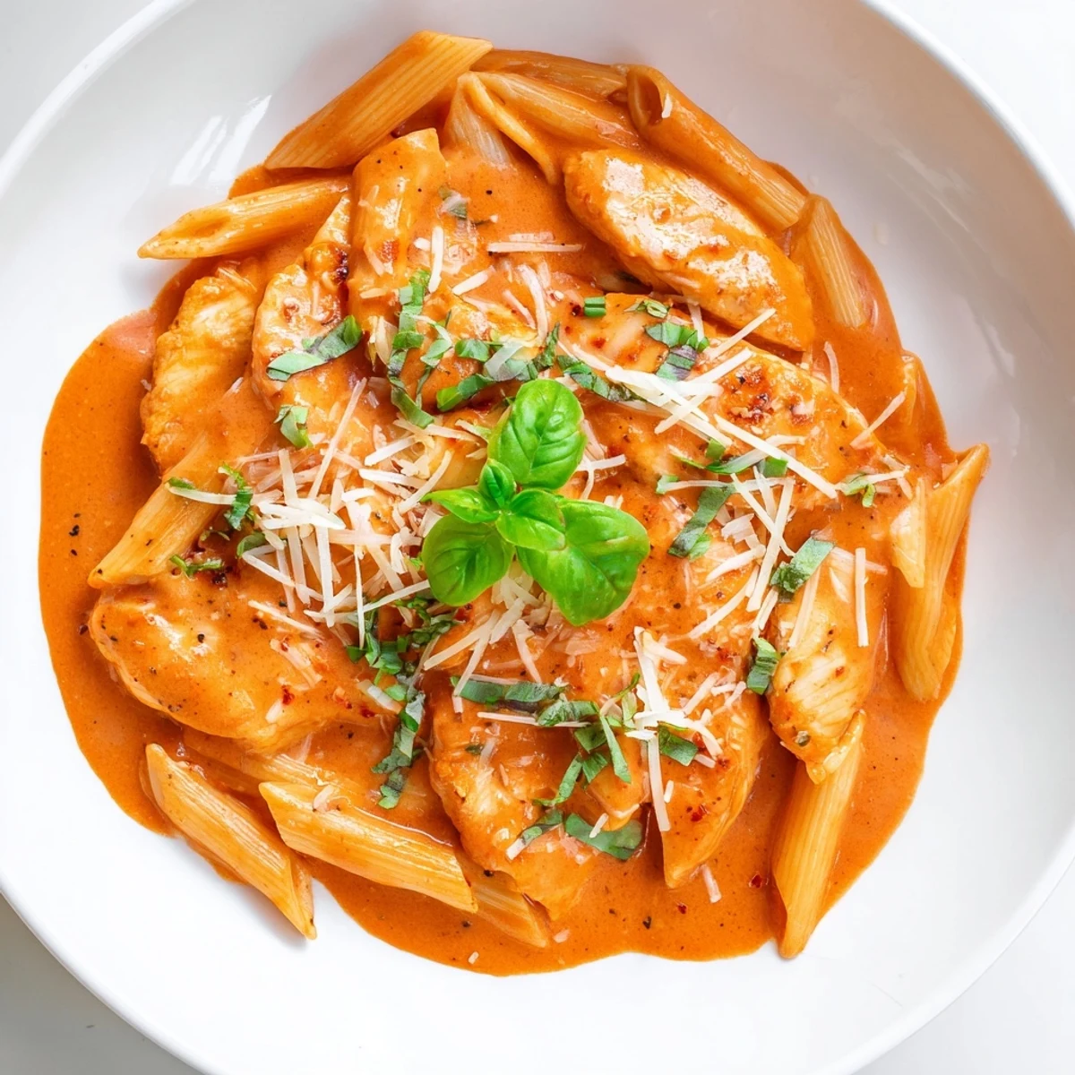 A close-up of Creamy Tomato Basil Chicken Pasta, showing the richness of the creamy sauce and tender chicken.