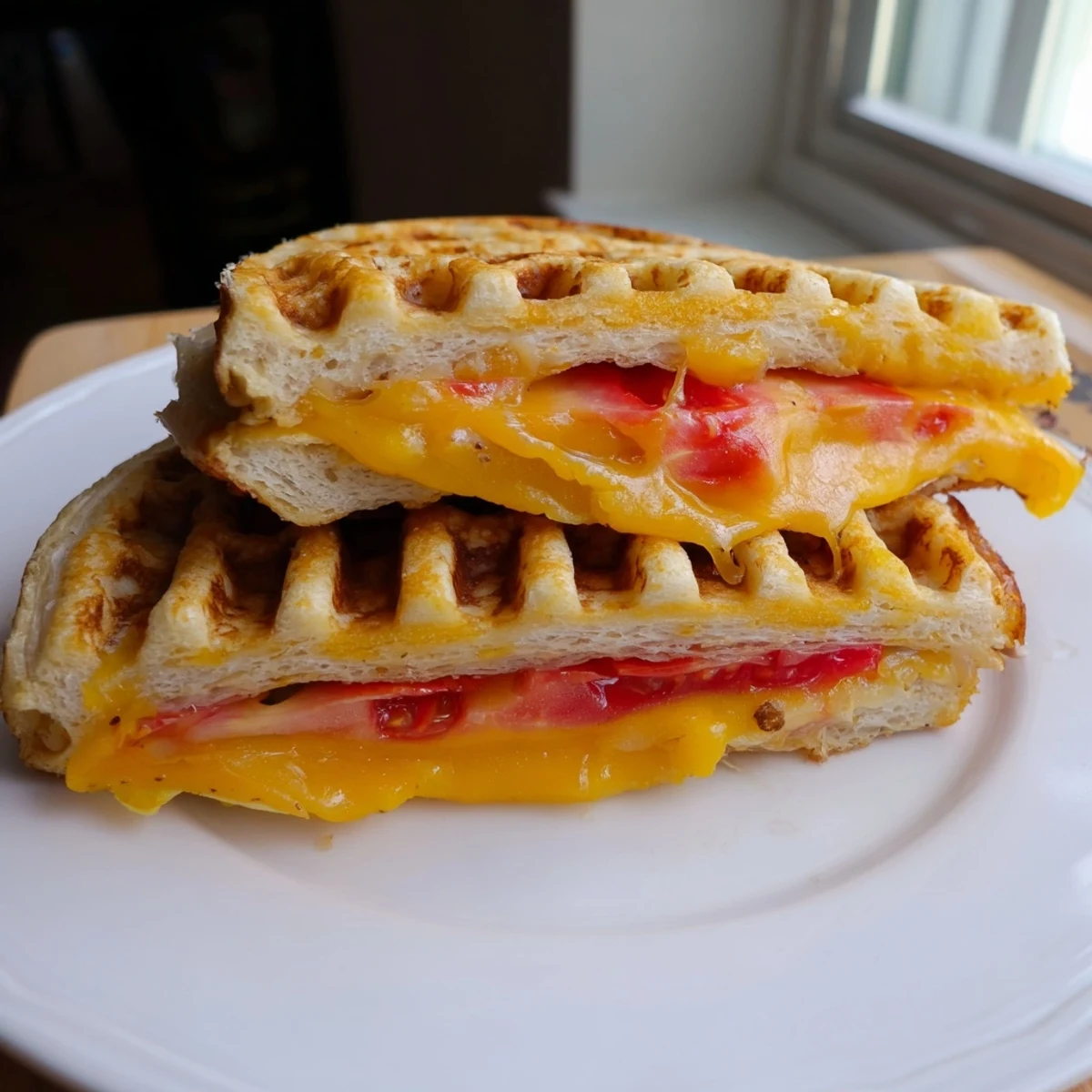 Golden-brown waffle grilled cheese, with melted cheese oozing between crispy, textured bread.