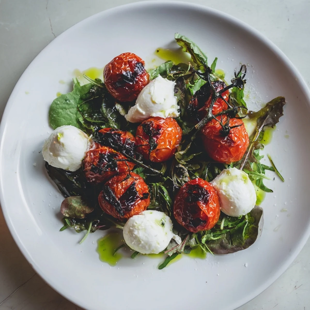Charred Tomato Salad with Burrata: Juicy, blistered tomatoes sit atop creamy burrata, ready to be enjoyed.