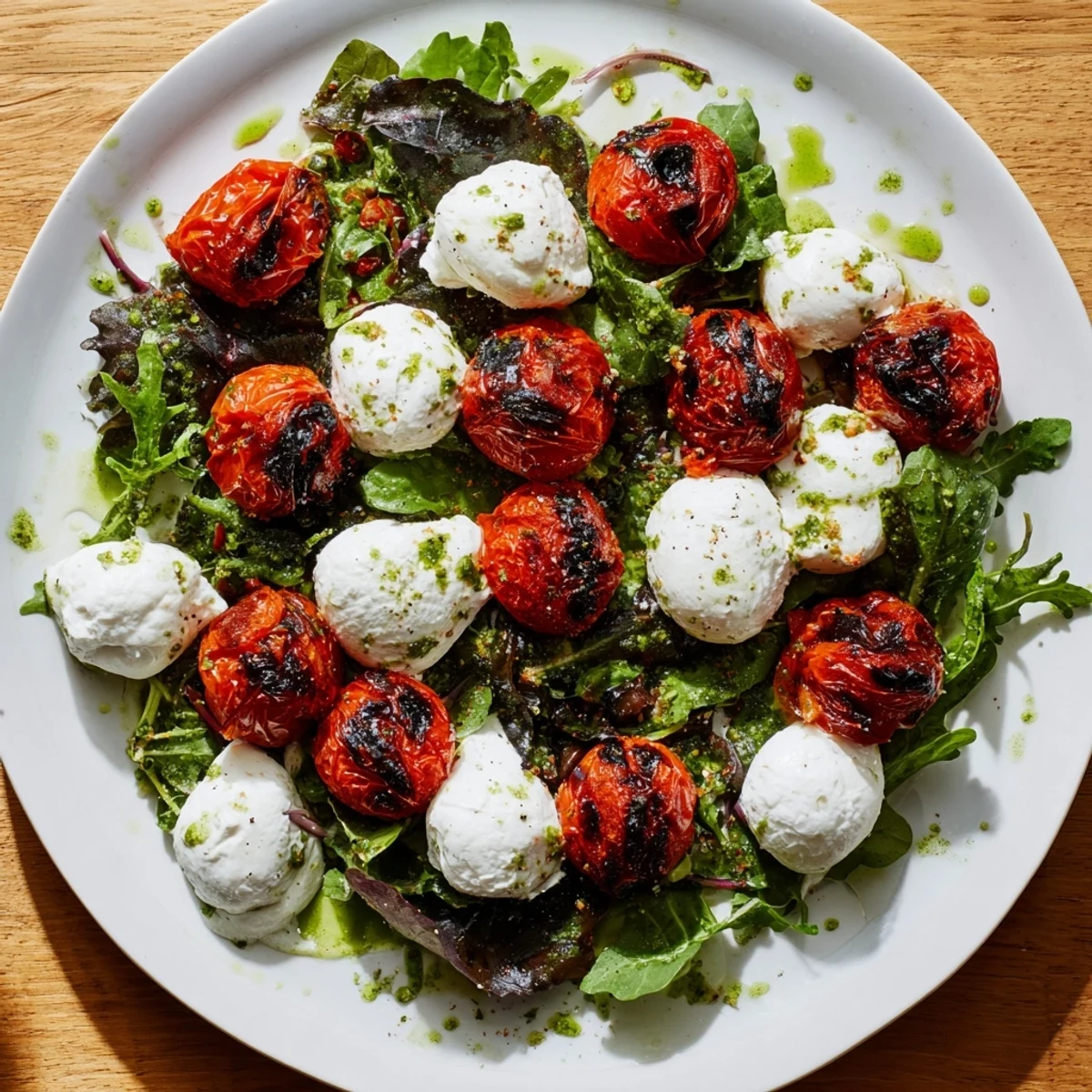 This image shows a beautifully plated Charred Tomato Salad with Burrata, creating an Italian-inspired delight.
