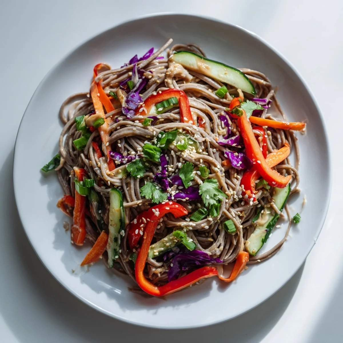 Close-up of a refreshing soba noodle salad, tossed with sesame seeds, perfect for a light vegetarian lunch.
